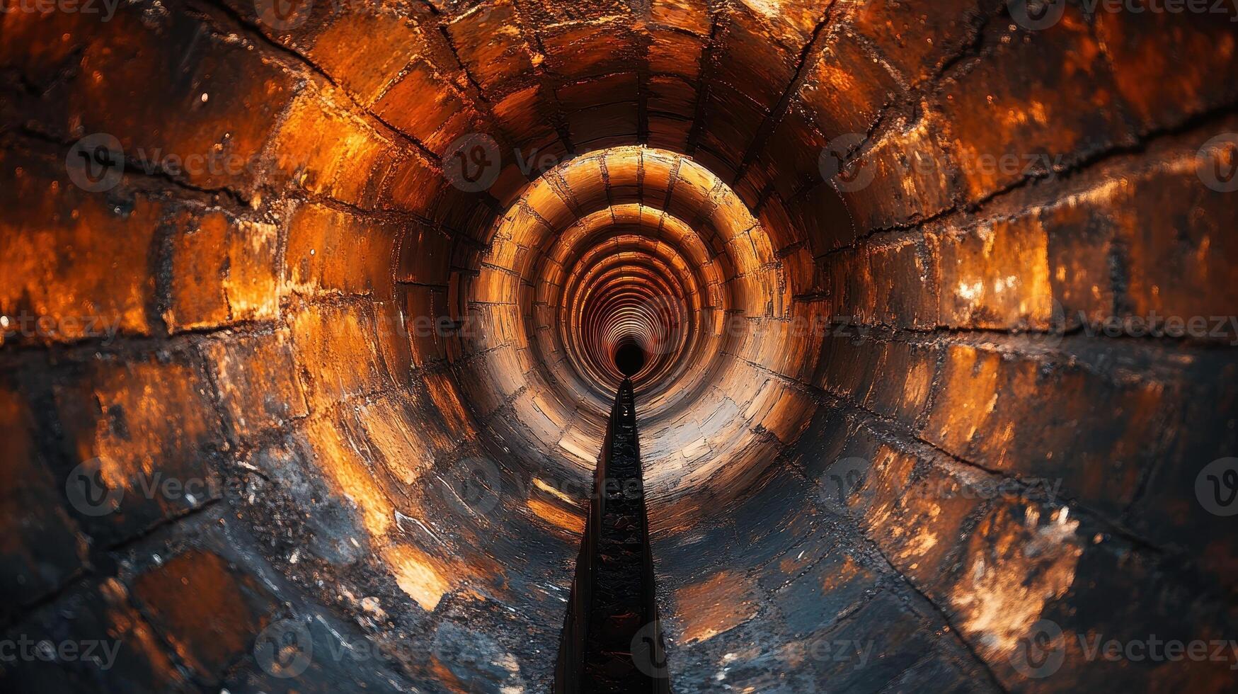 Brick tunnel interior, dark, perspective, industrial, abstract background, design photo
