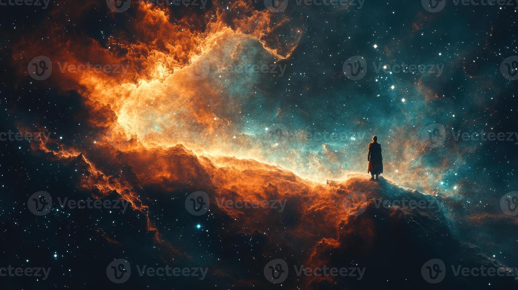Solitary figure on cosmic cloud, nebula background, space exploration concept, science fiction art photo