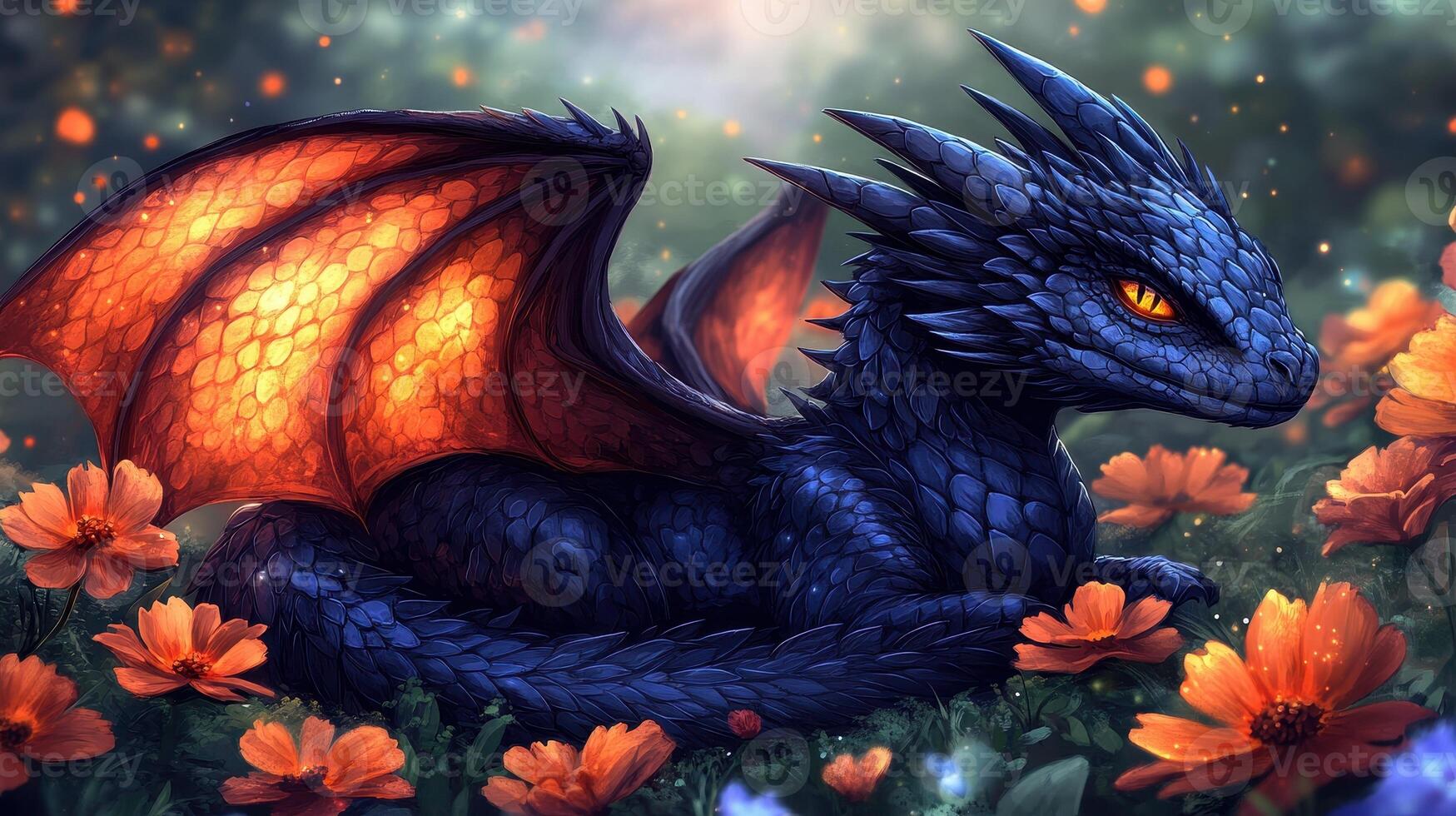 Baby dragon resting in orange cosmos flowers photo
