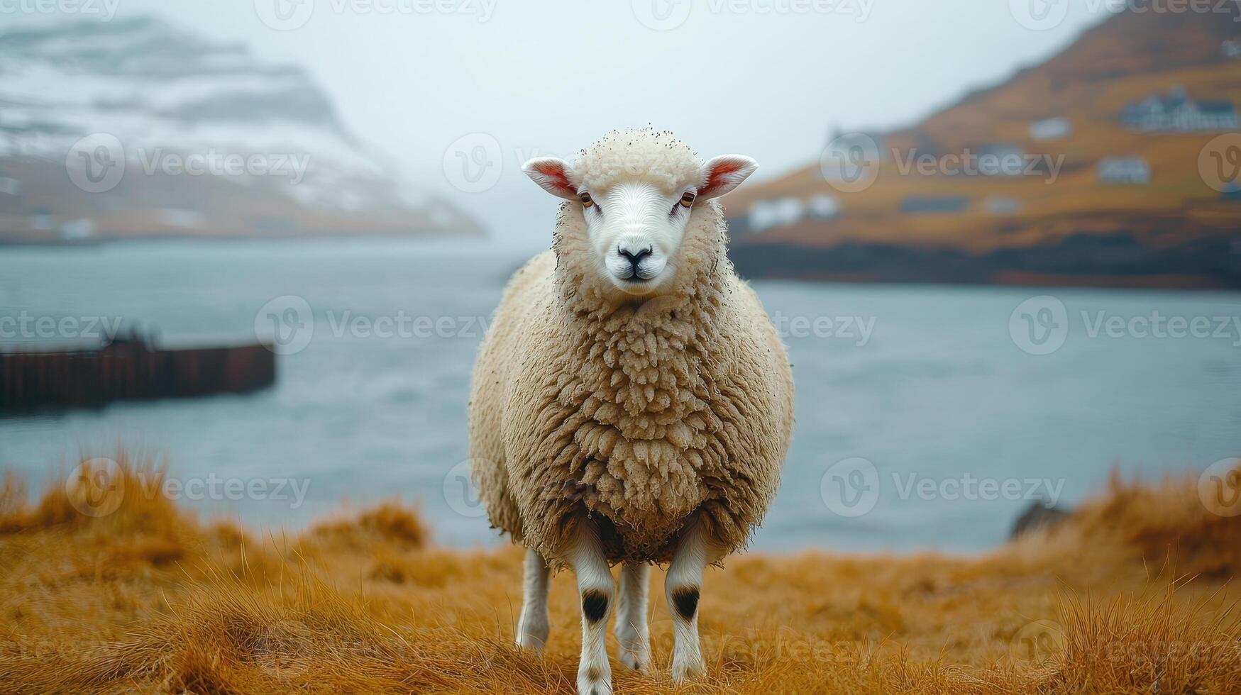 Sheep gazing, coastal Iceland, autumn, fjord background, nature photography photo
