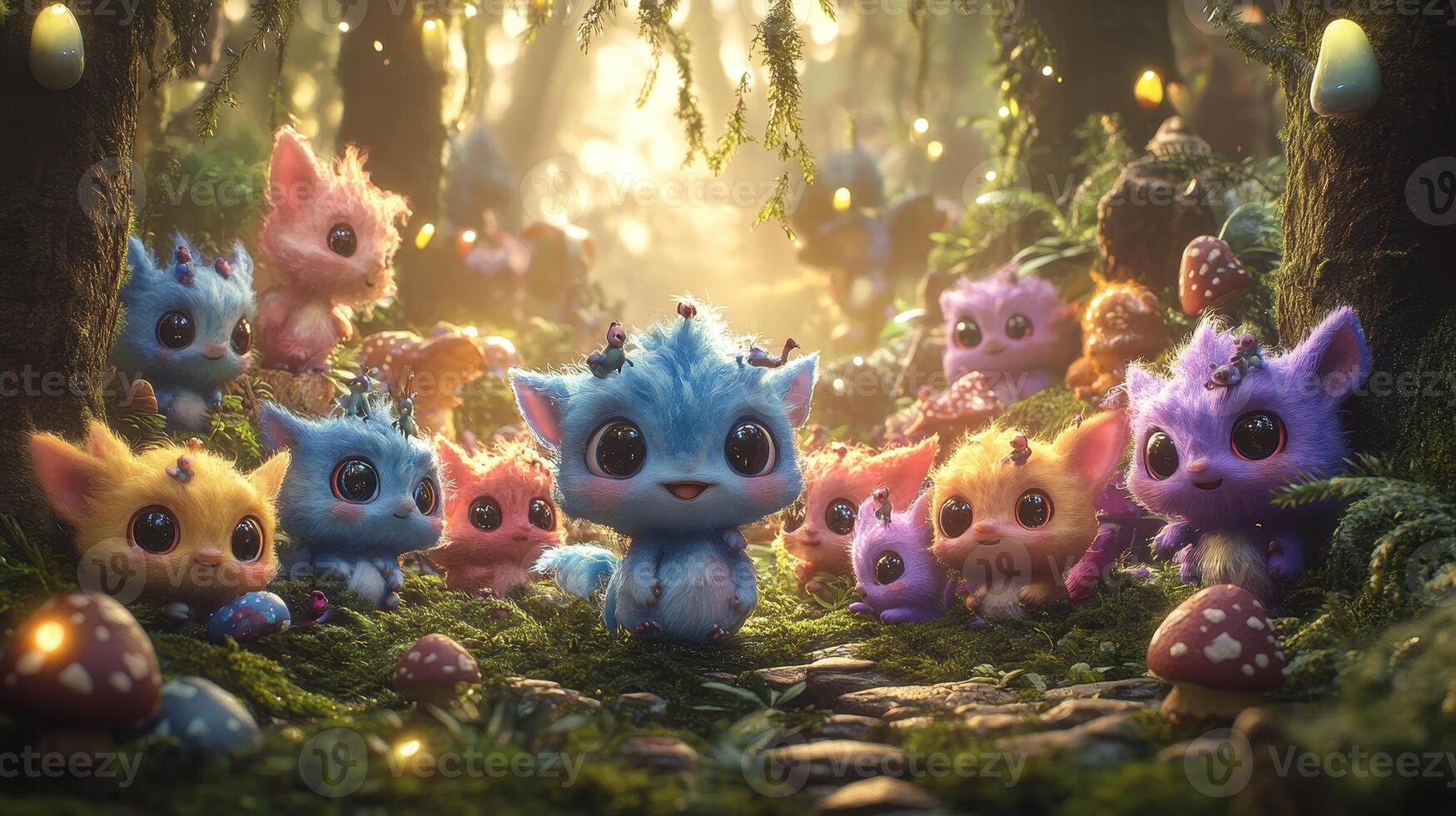 Magical creatures gather in enchanted forest photo