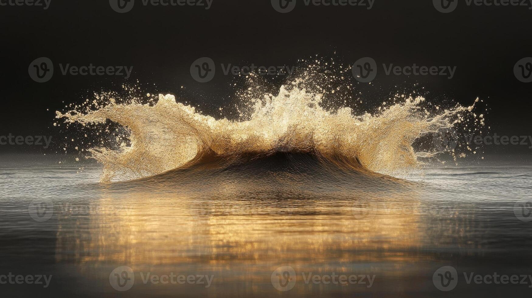 Golden water splash, dark background, reflection photo