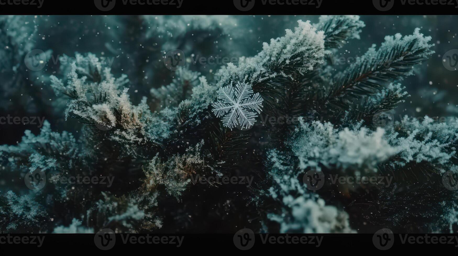 Frosty pine branch, snowflake detail, winter snowfall, nature background, holiday card photo