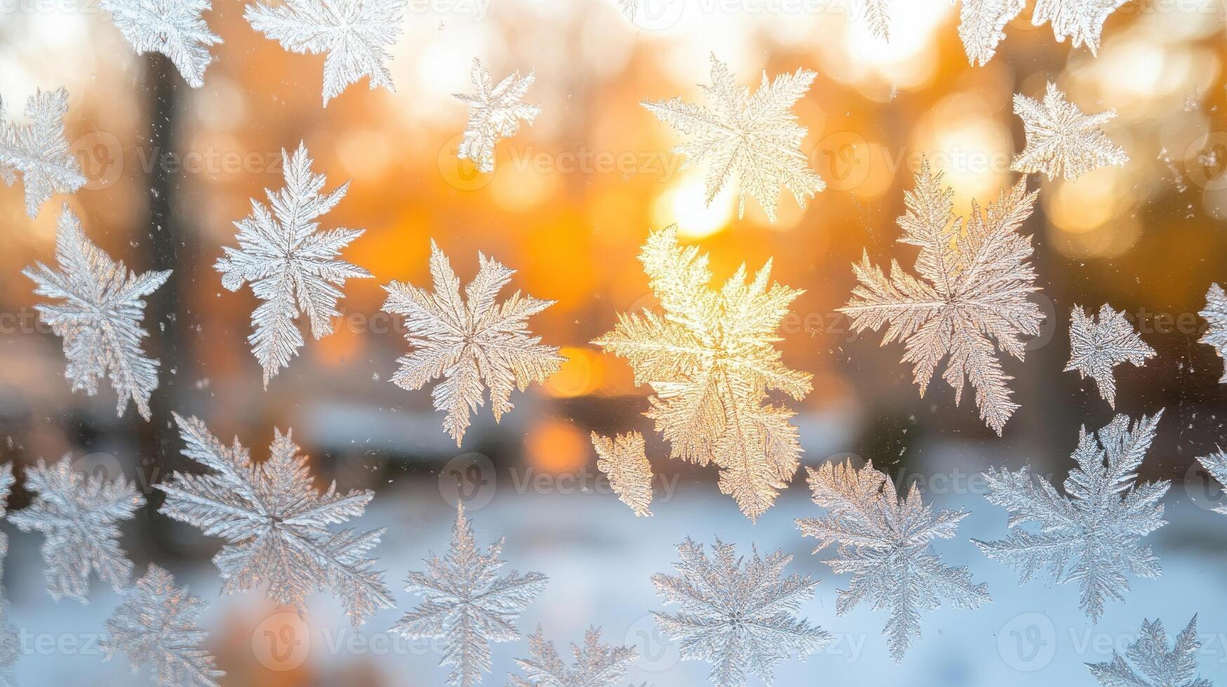 Frost patterns on windowpane, sunset background, winter scene photo