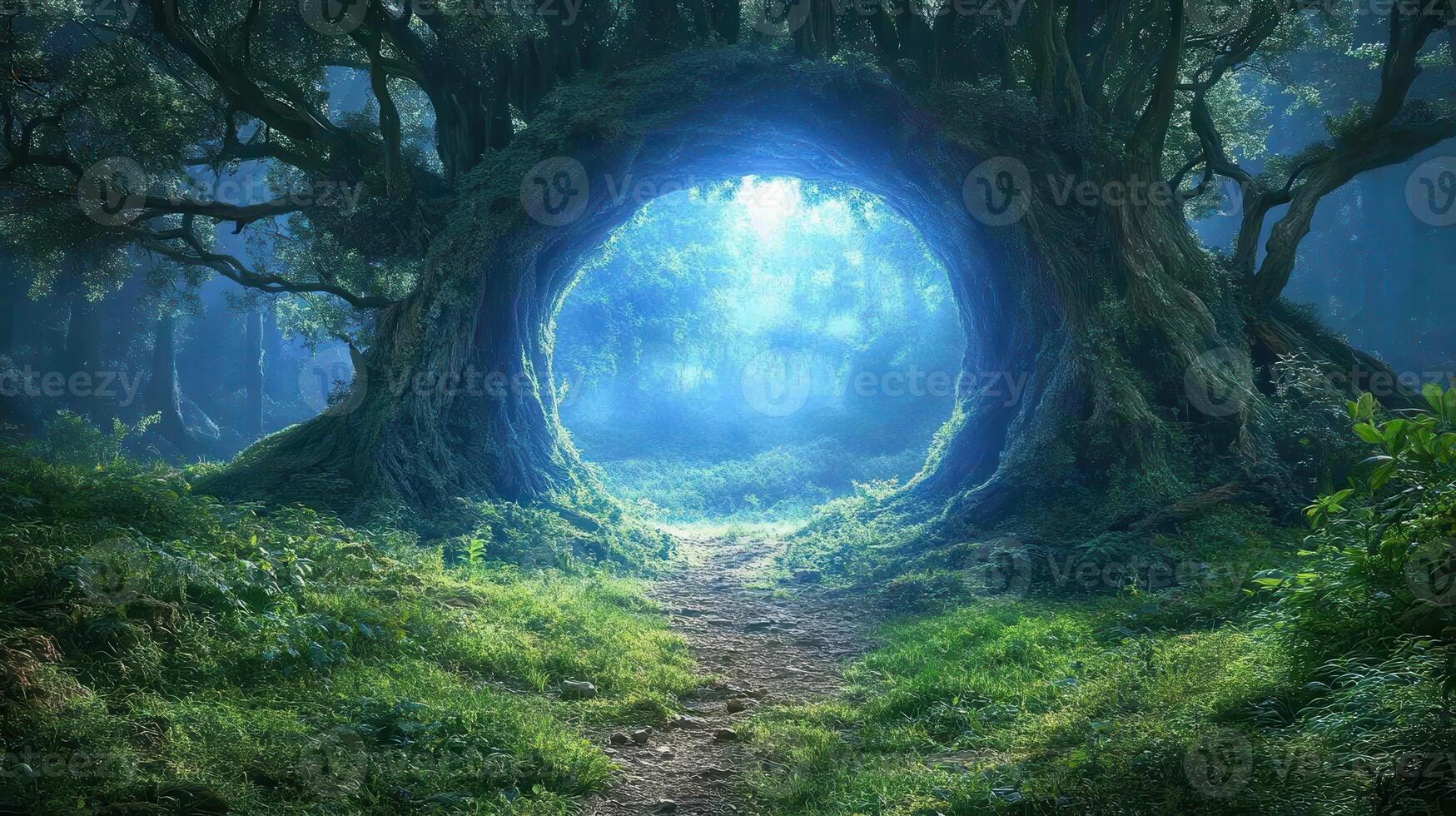Magical forest path through ancient tree, moonlit night, fantasy landscape, game background photo