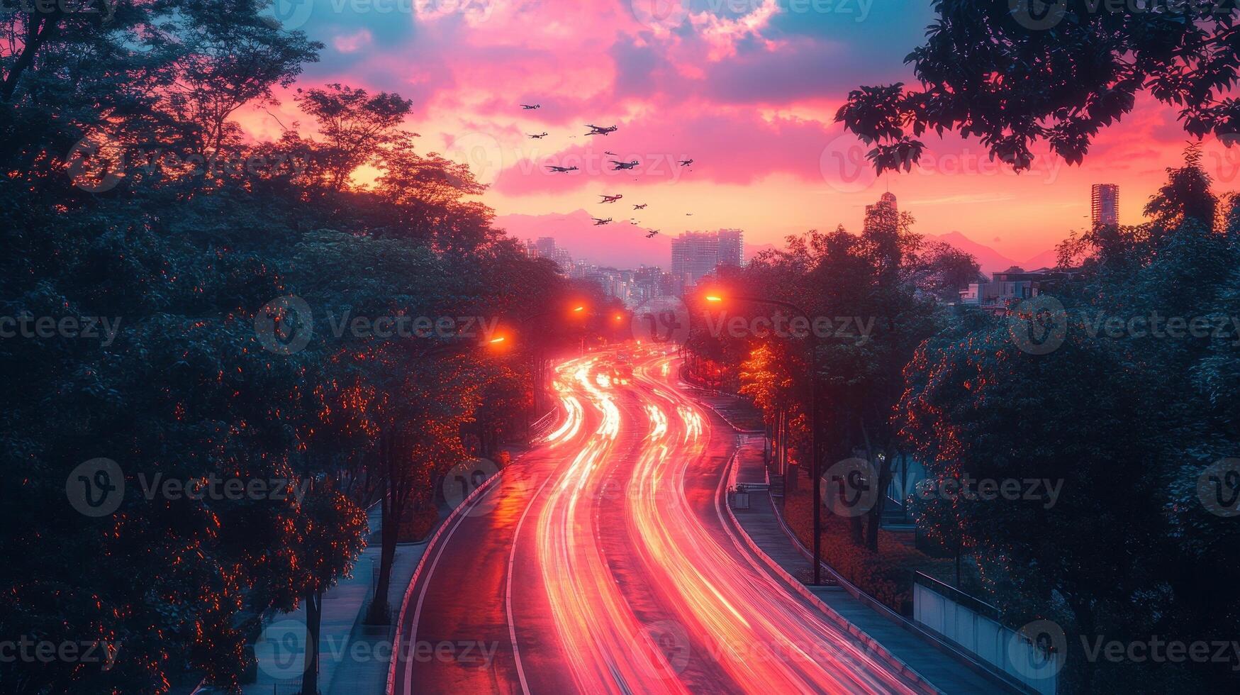 City sunset highway traffic light trails photo