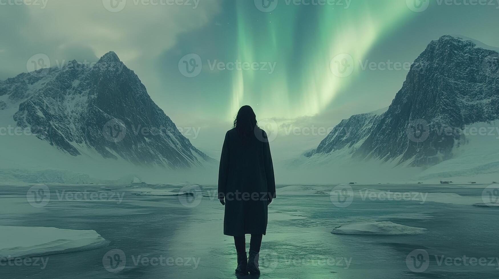 Person gazing at aurora borealis over icy Arctic mountains photo