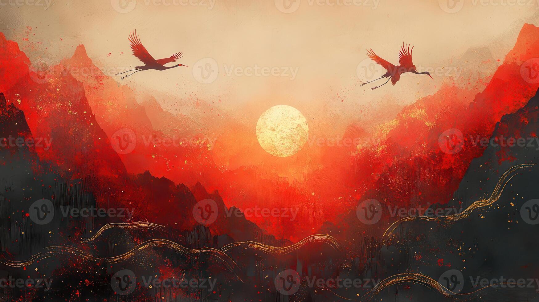 Red Sunset Mountains, Cranes Flying, Peaceful Landscape, Art Print photo