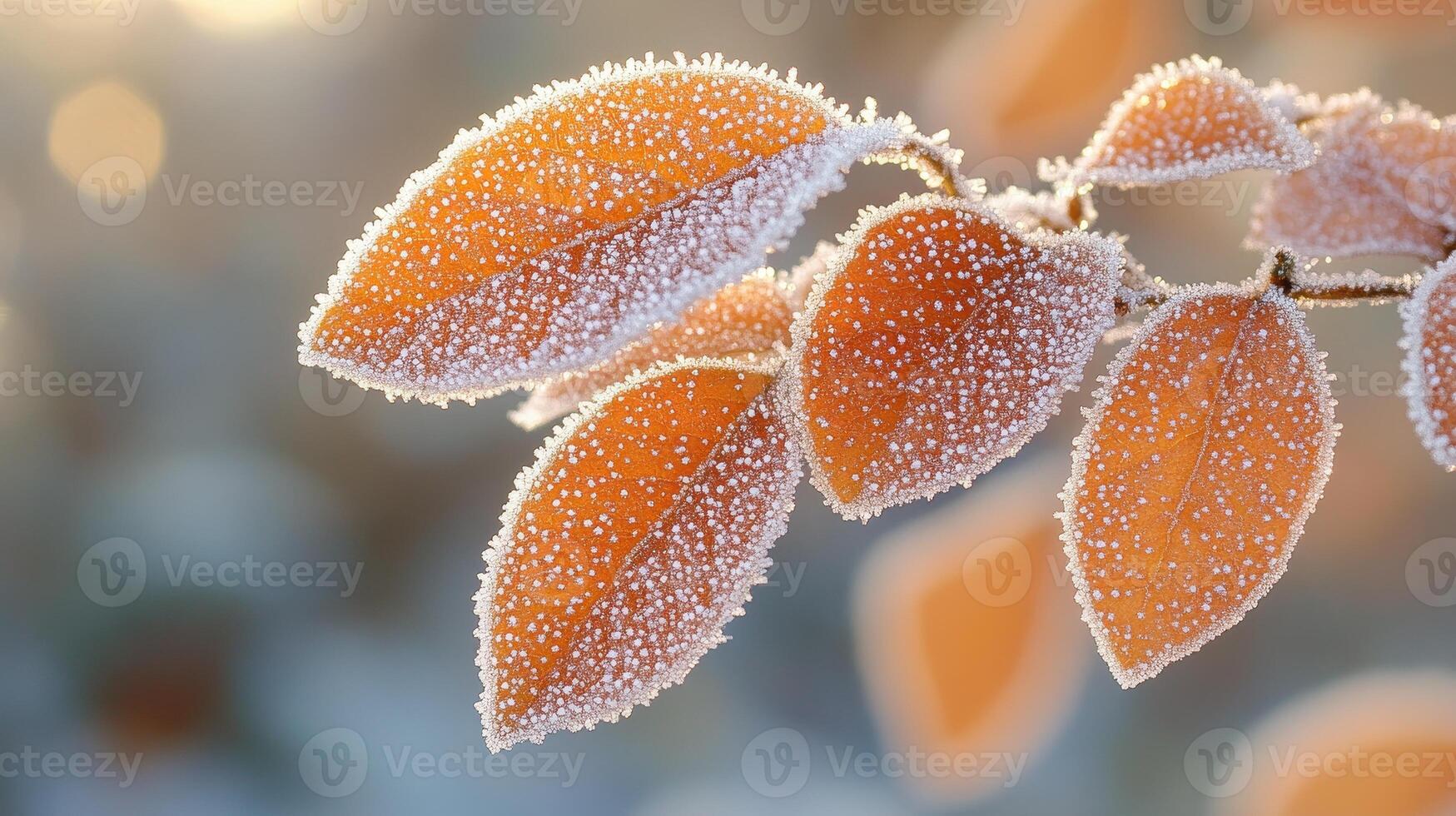 Frozen autumn leaves on branch, sunrise, winter nature scene, seasonal card photo