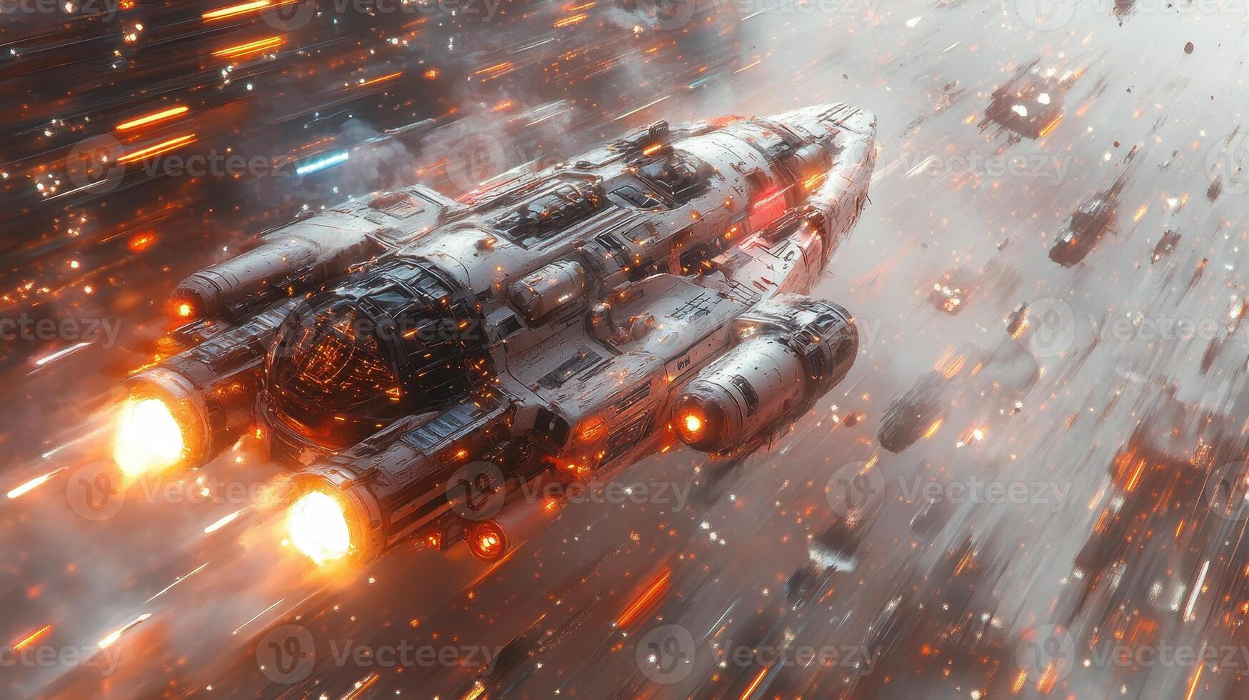 Spaceship fleeing asteroid field, cosmic battle photo