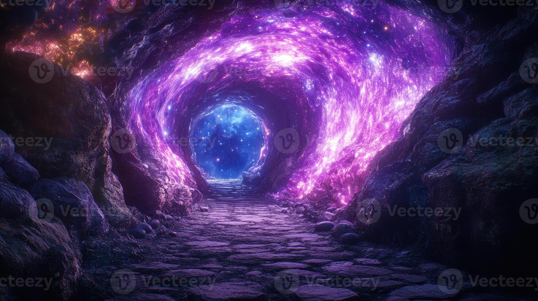 Cosmic cave portal, glowing path, fantasy landscape, game background photo