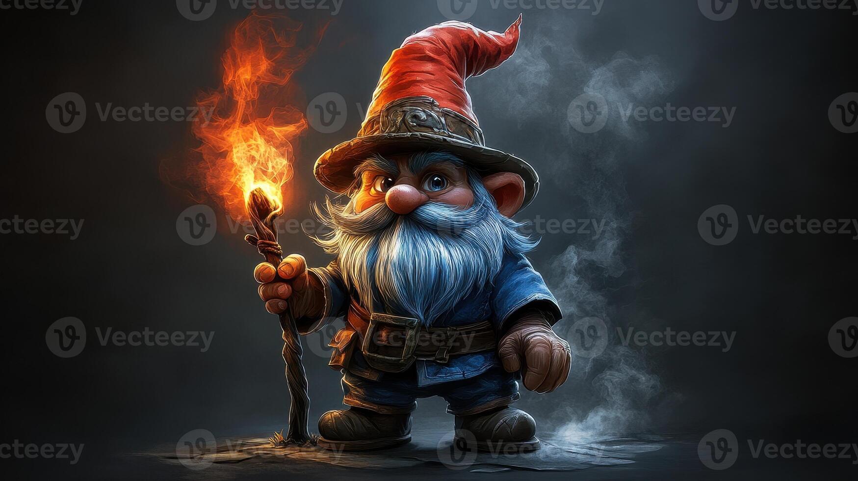 Fiery Gnome Adventure Fantasy character with torch, smoky background, game art photo