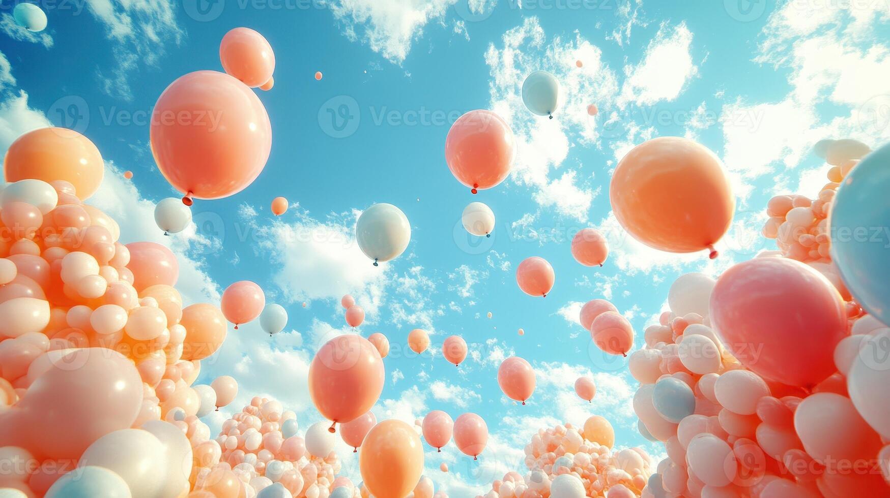 Pastel balloons float on sunny sky, celebration, joyful photo