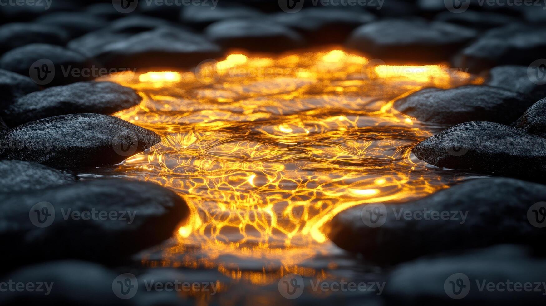 Glowing stream between dark stones, night scene, fantasy, meditation photo