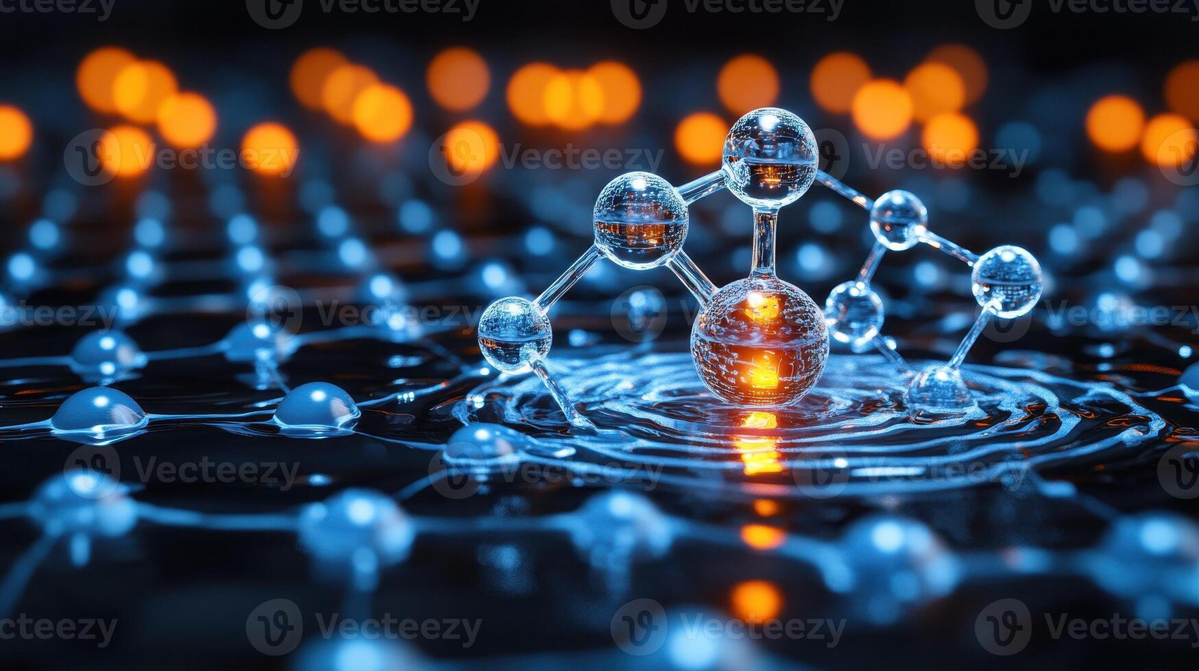 Molecular structure on liquid surface, glowing, science background photo