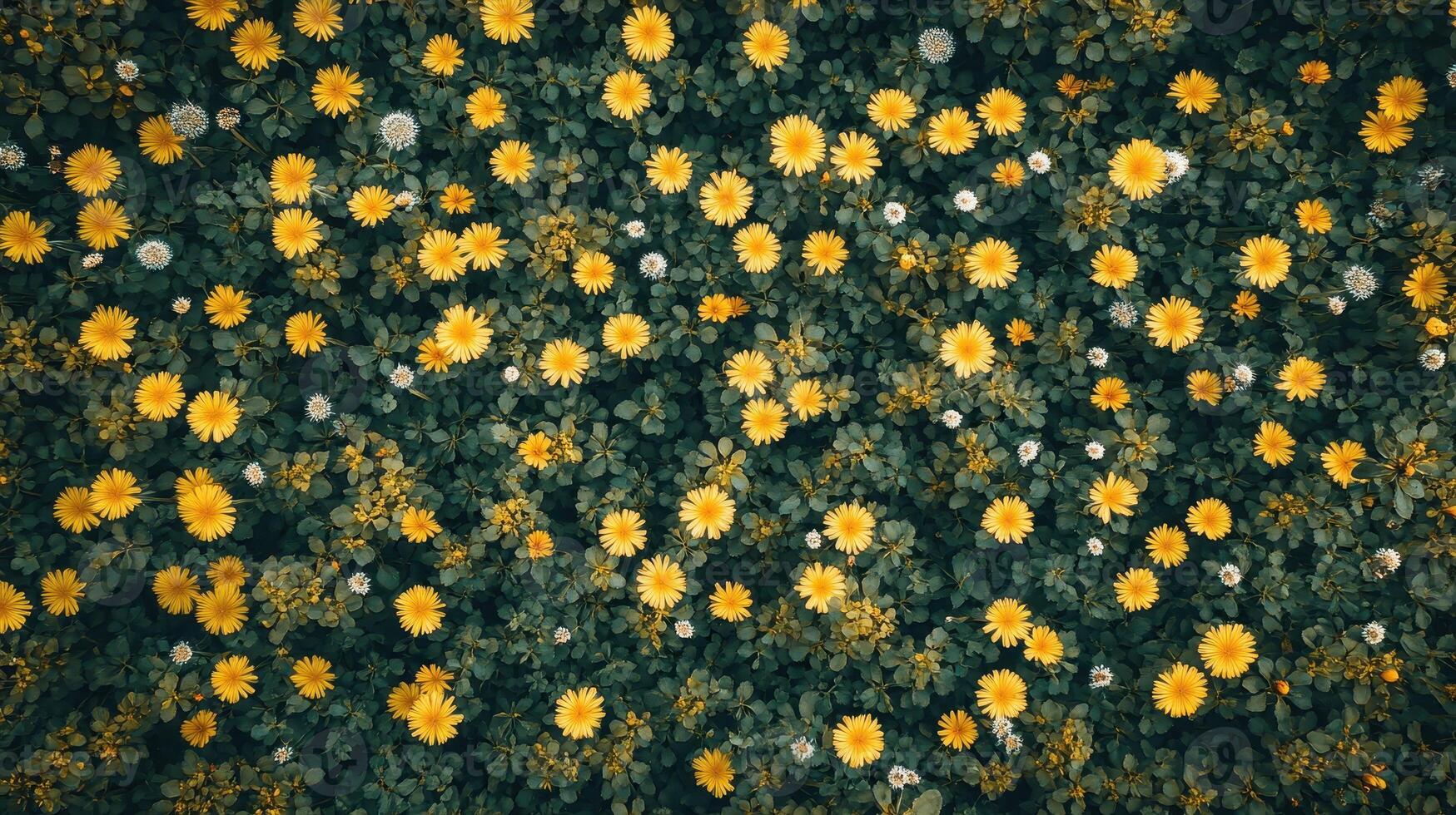 Aerial view of yellow flowers field, green leaves background, nature texture, website design photo