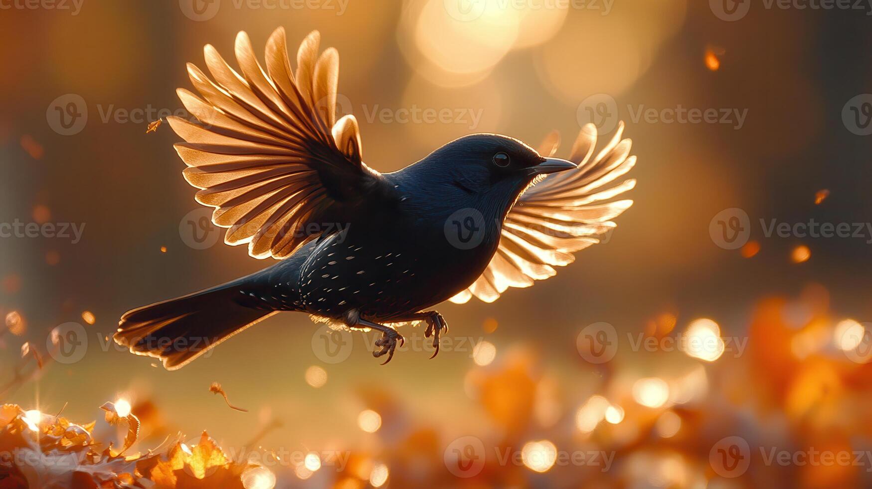 Bird in flight, autumn leaves, sunset, nature scene, wildlife photography photo