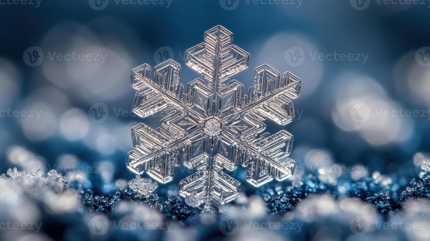 Close-up snowflake, winter scene, bokeh background, holiday card photo