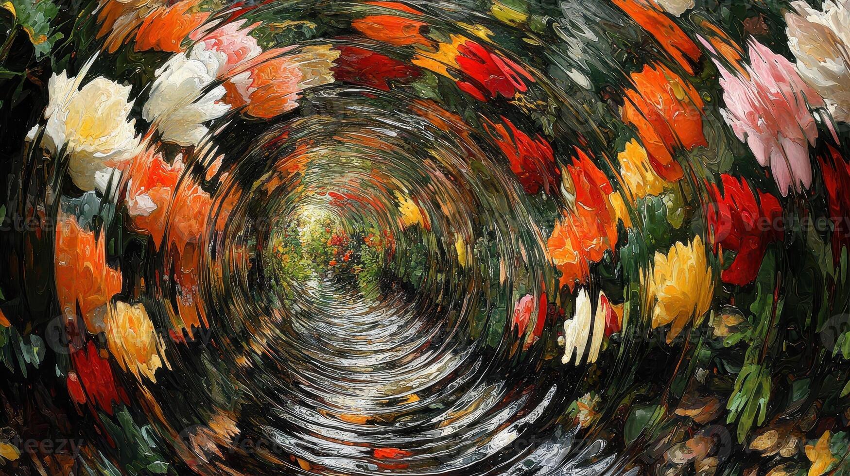 Colorful rose tunnel garden path, whimsical swirl effect, nature background, decorative design photo