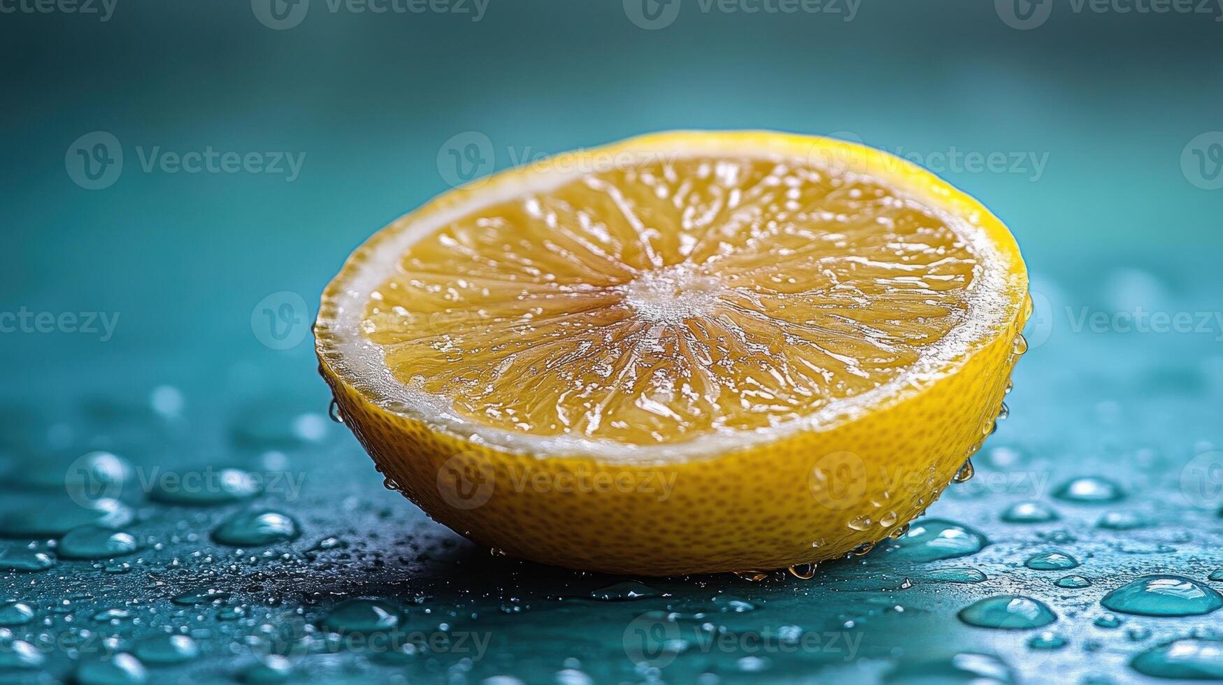 Juicy lemon half, water droplets, teal background, food photography photo