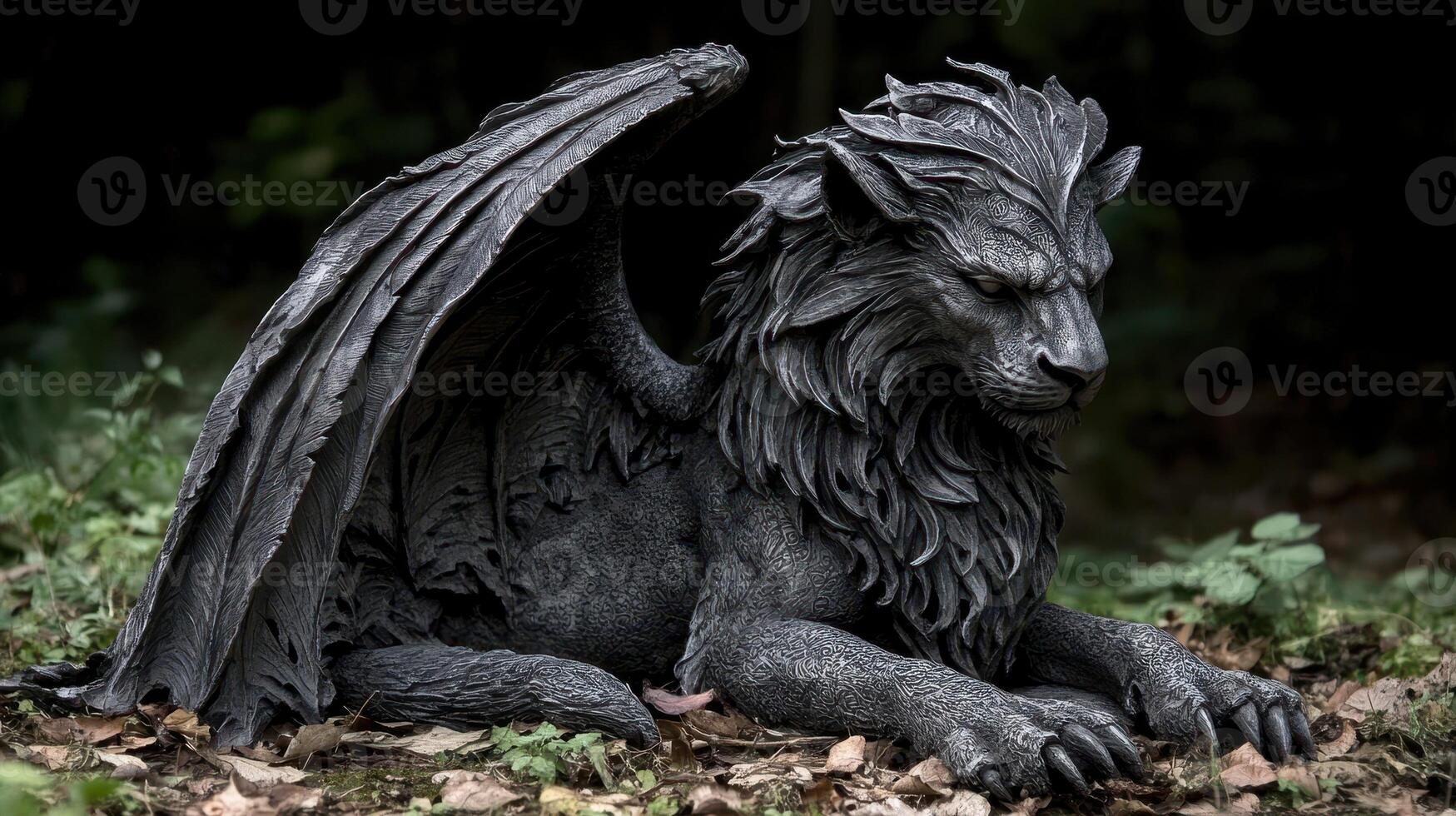 Winged lion statue, garden setting, dark background, fantasy decor photo