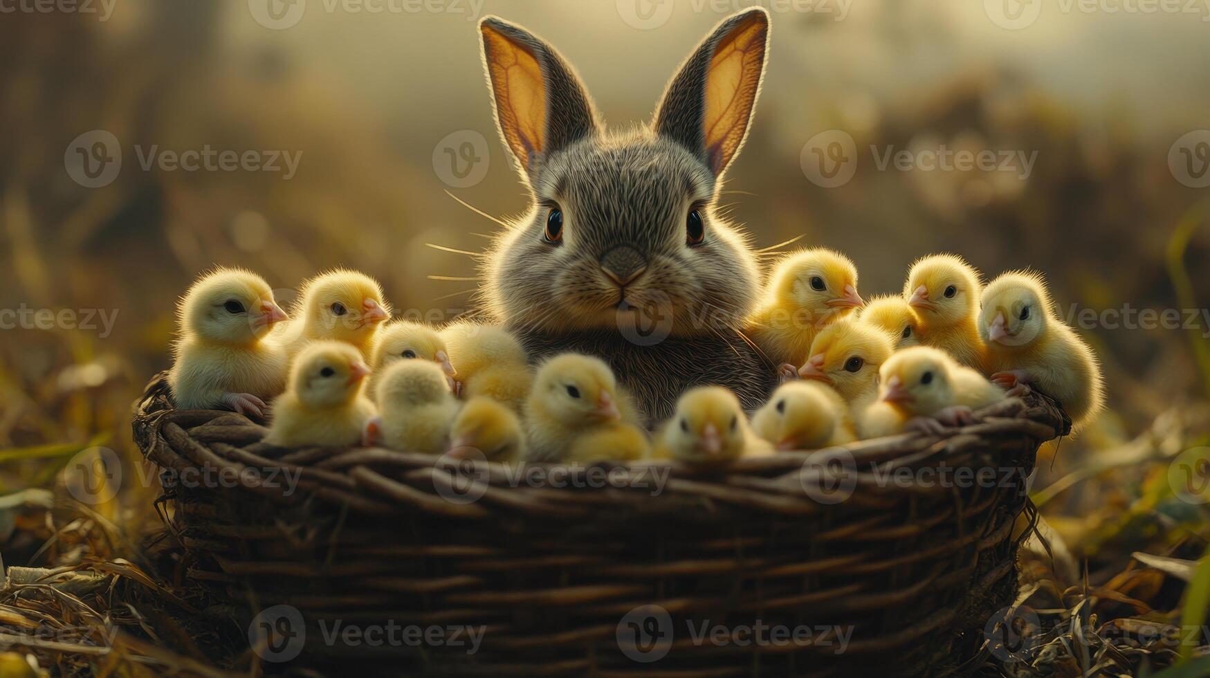 Rabbit guards chicks in basket, spring meadow background, Easter card photo