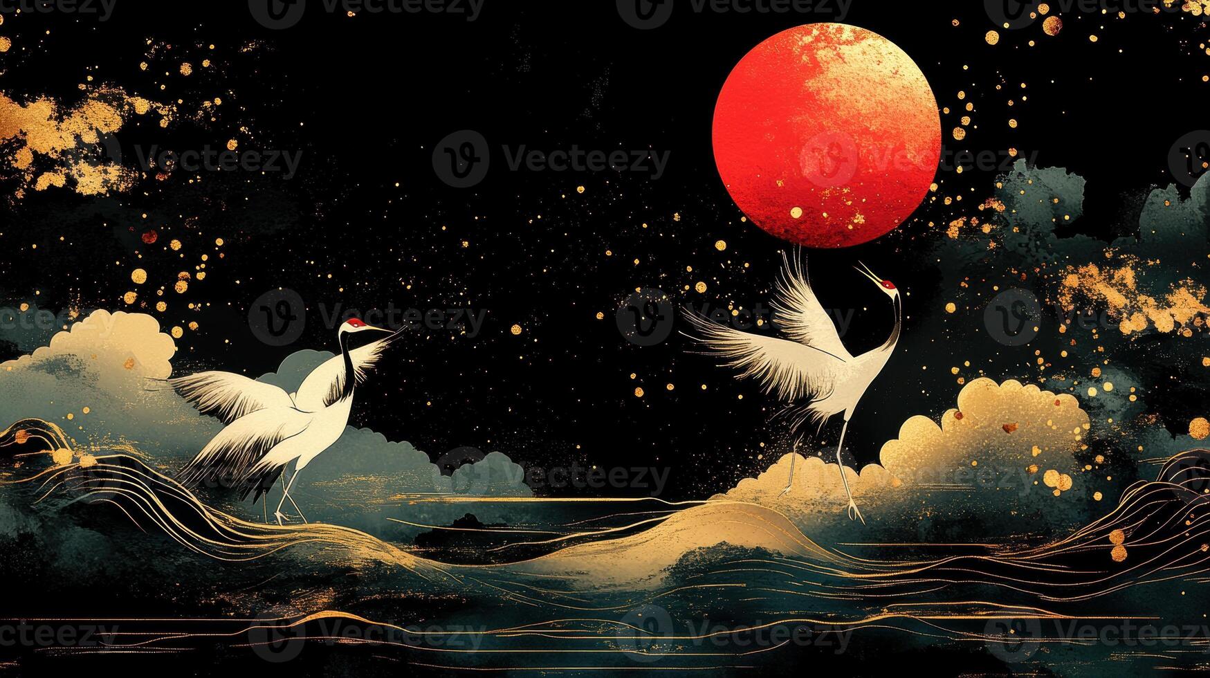 Elegant cranes dance on gold waves, red moon, night photo