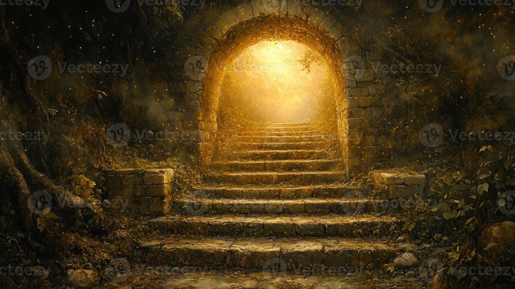 Golden autumn stairs leading to light photo
