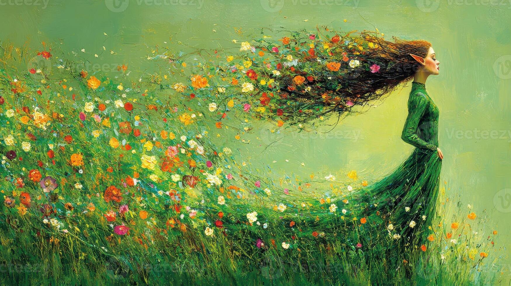 Woman, flowers, hair, green dress, field, fantasy art, spring, nature, poster, card photo