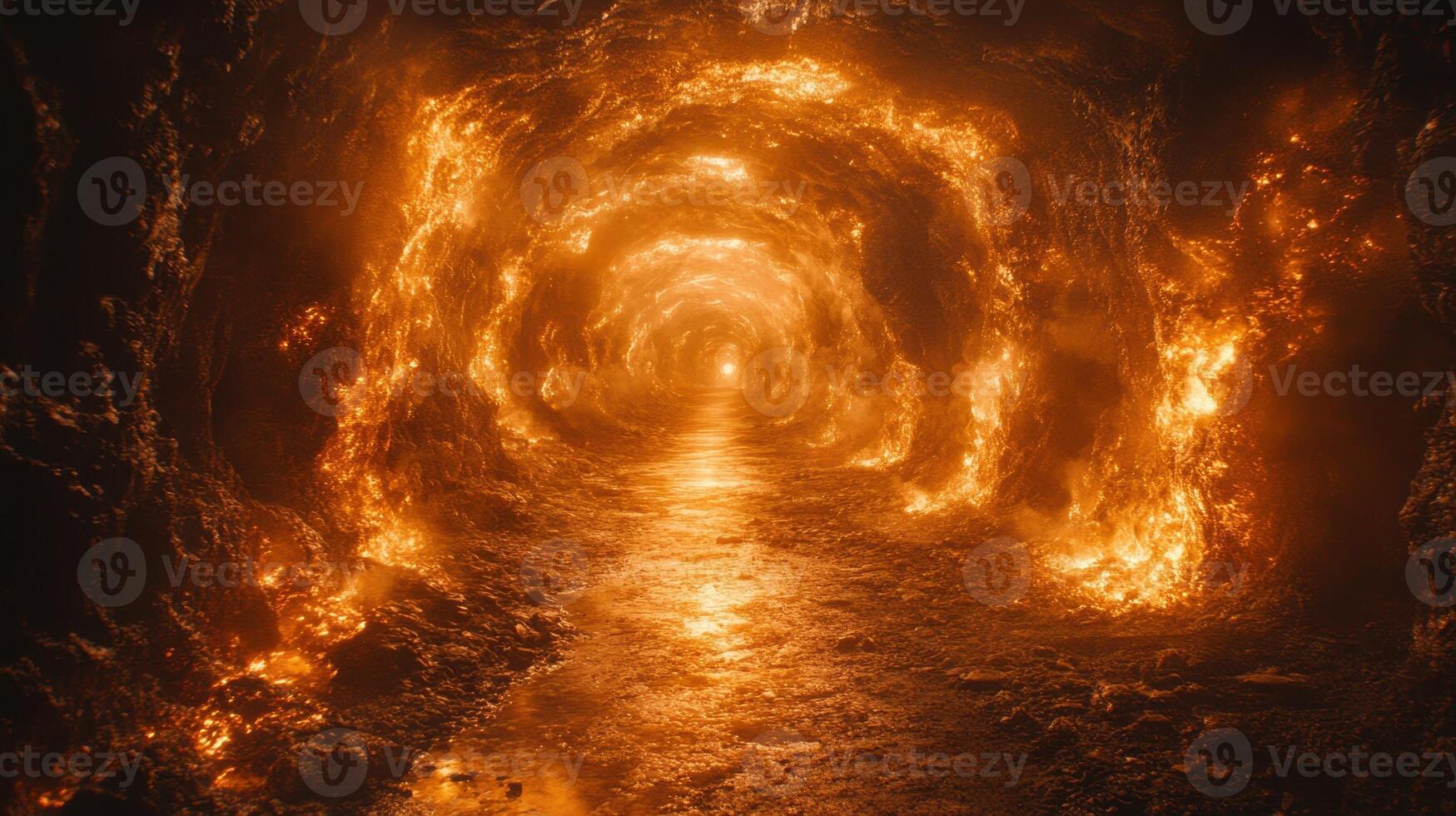 Fiery tunnel path, glowing light, hellish background, fantasy art photo