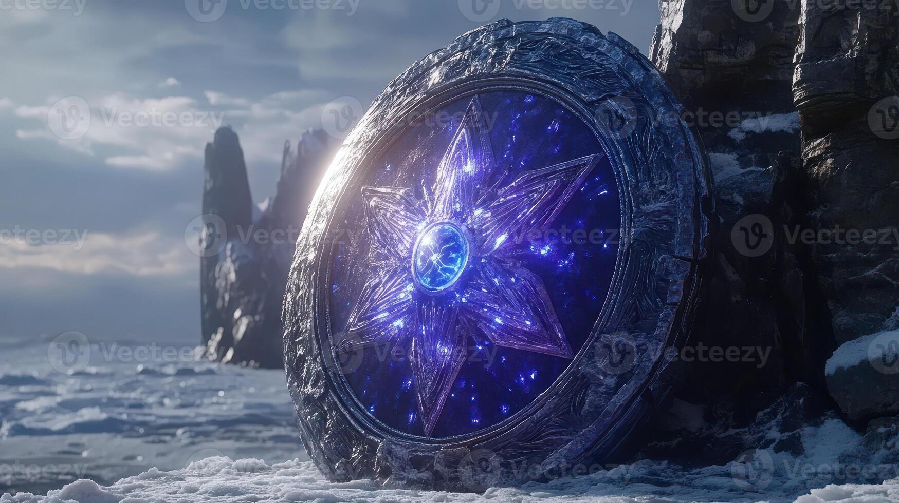 Glowing crystal shield rests on icy shore, fantasy landscape photo