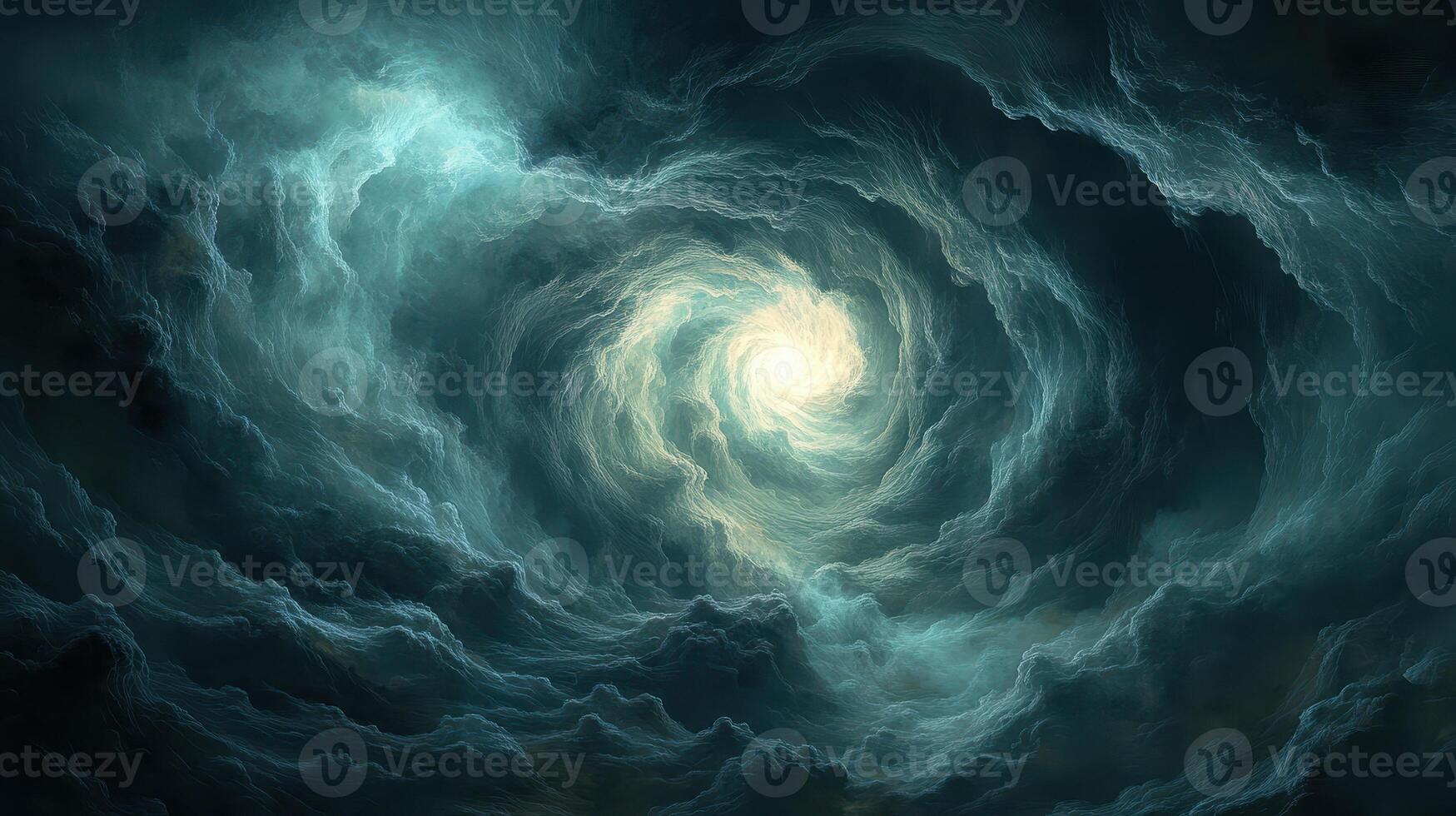 Swirling clouds, light at center, dark sky, mystical photo