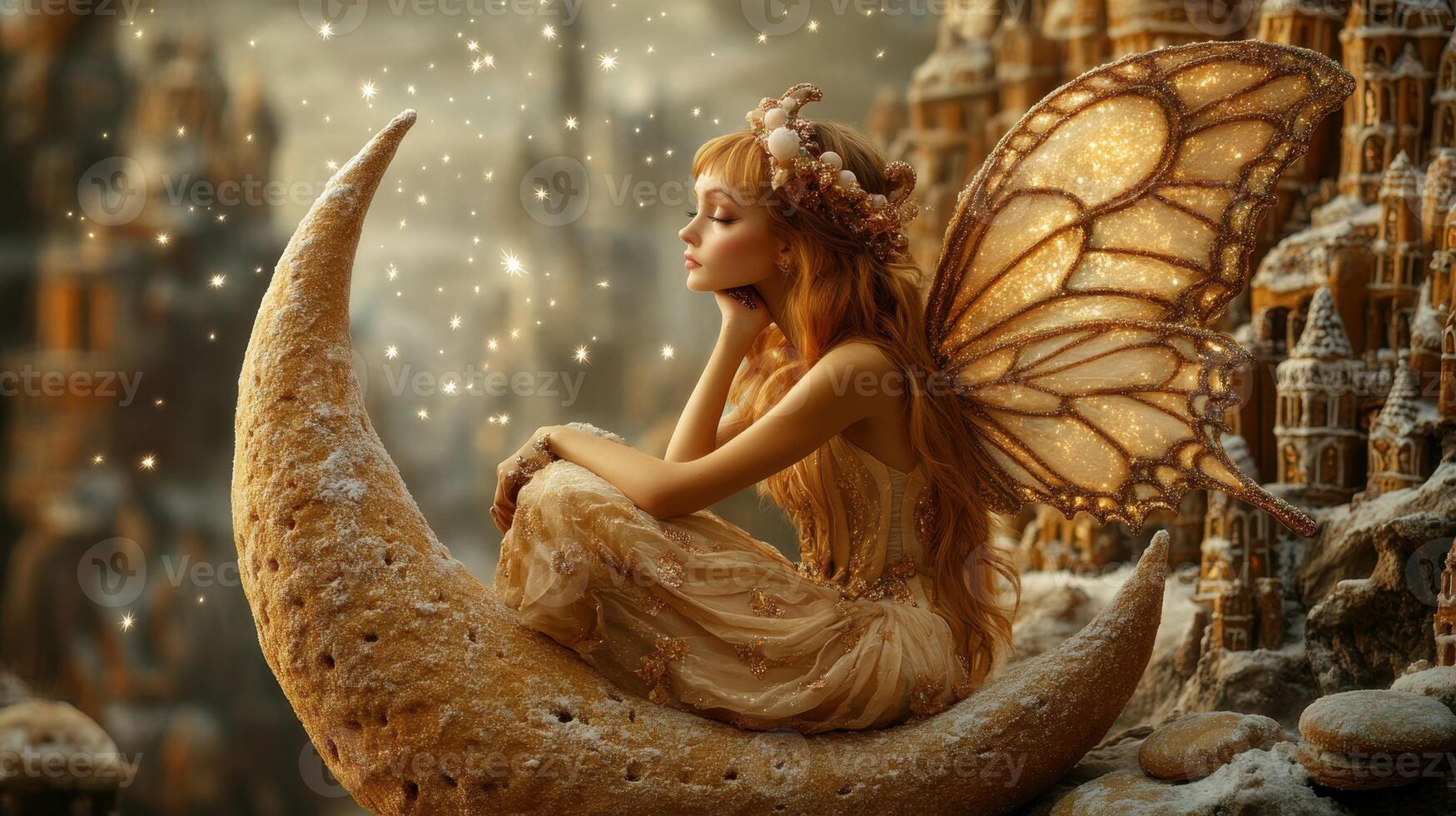 Fairy princess sits moon, magical castle background, fantasy art photo