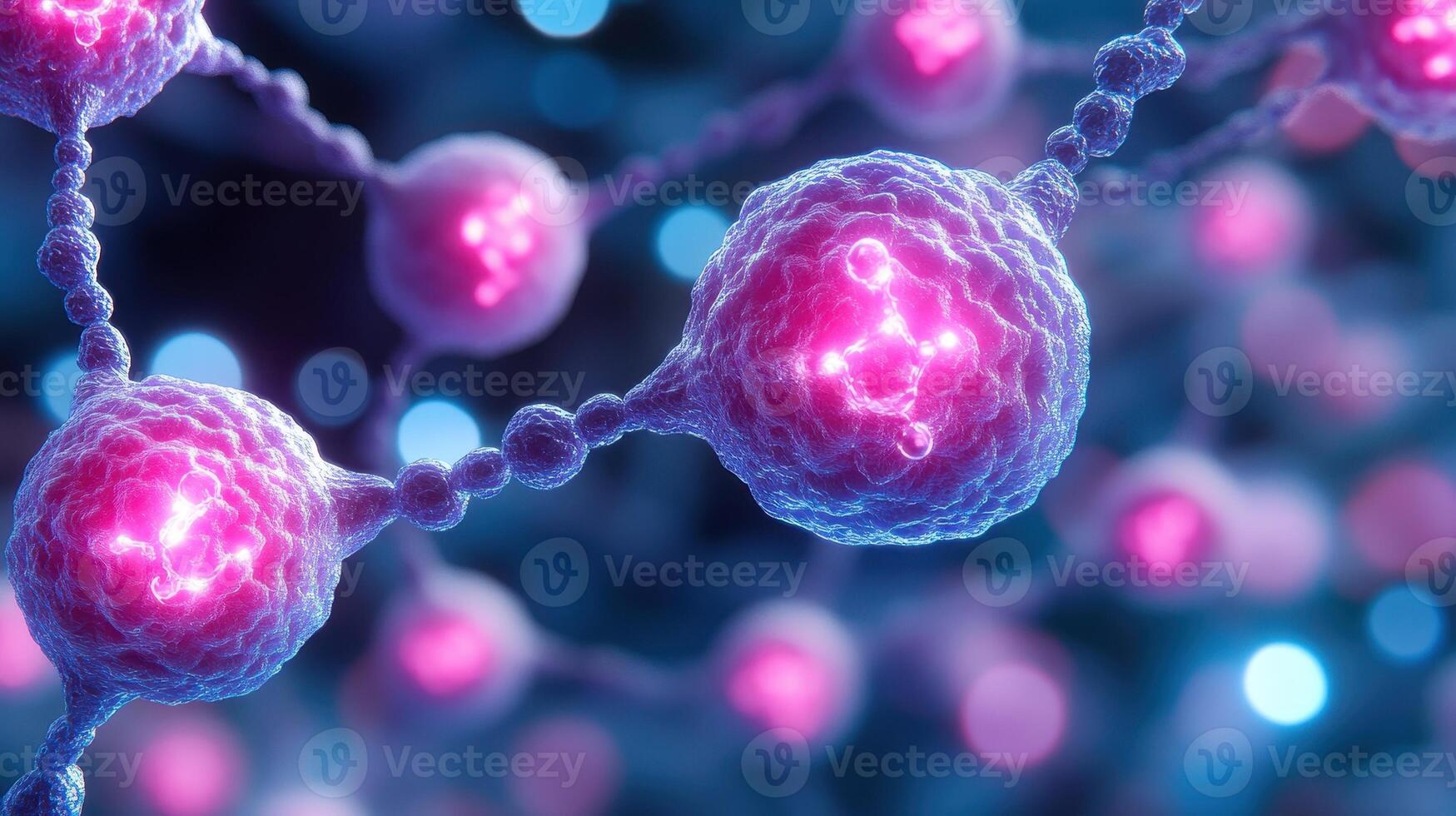 Glowing cells network, microscopic view, science research photo