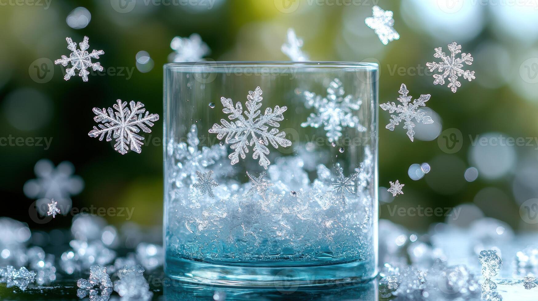 Glass of ice with snowflakes, winter scene, festive background, holiday card photo