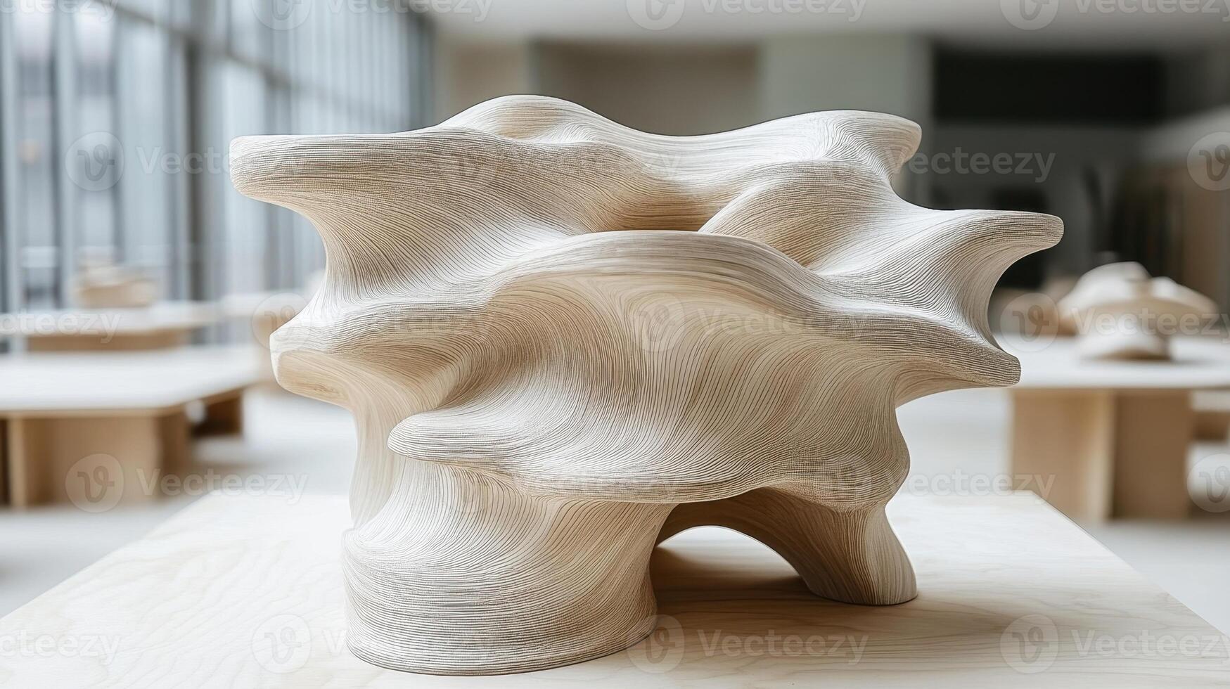 Abstract wood sculpture on display in modern gallery photo