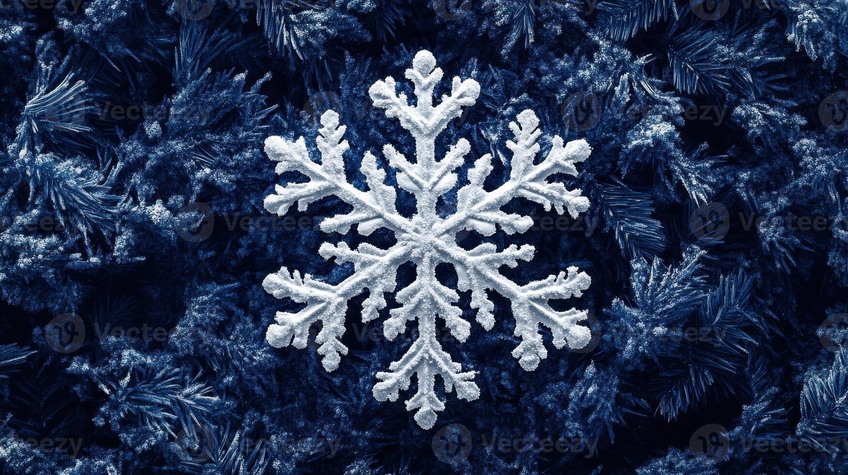 White snowflake on blue pine branches, winter holiday background, card design photo