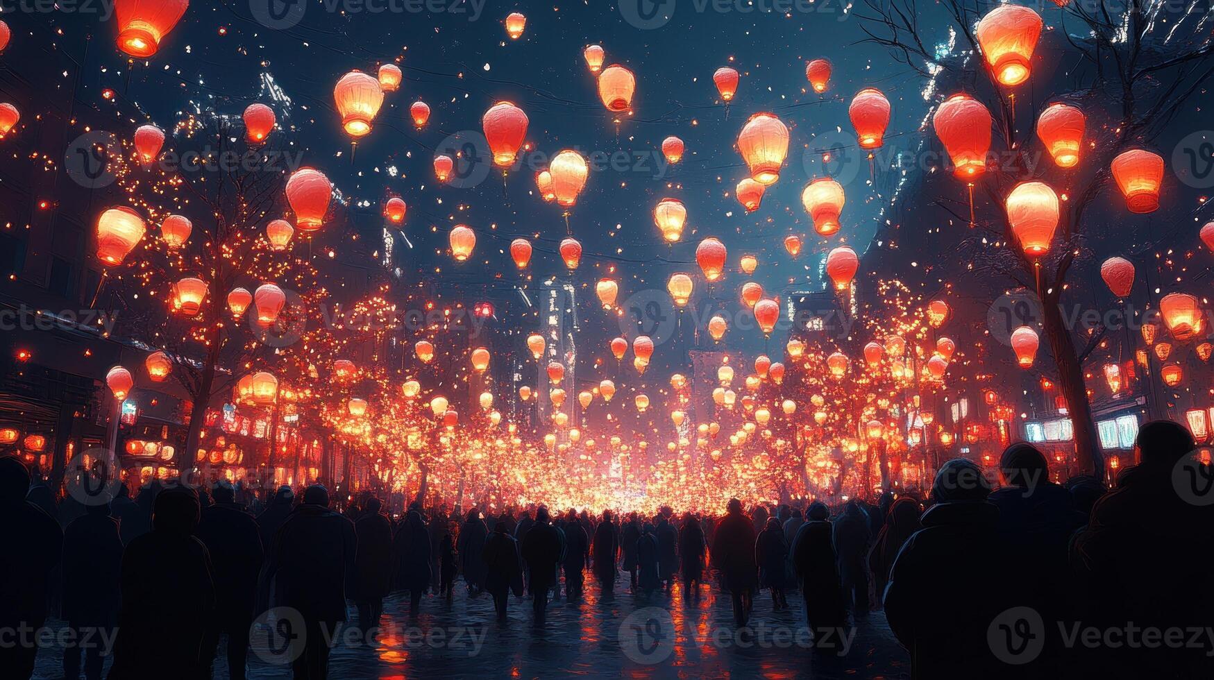 Night city festival, lanterns fly, crowd celebrates, magical background, event image photo