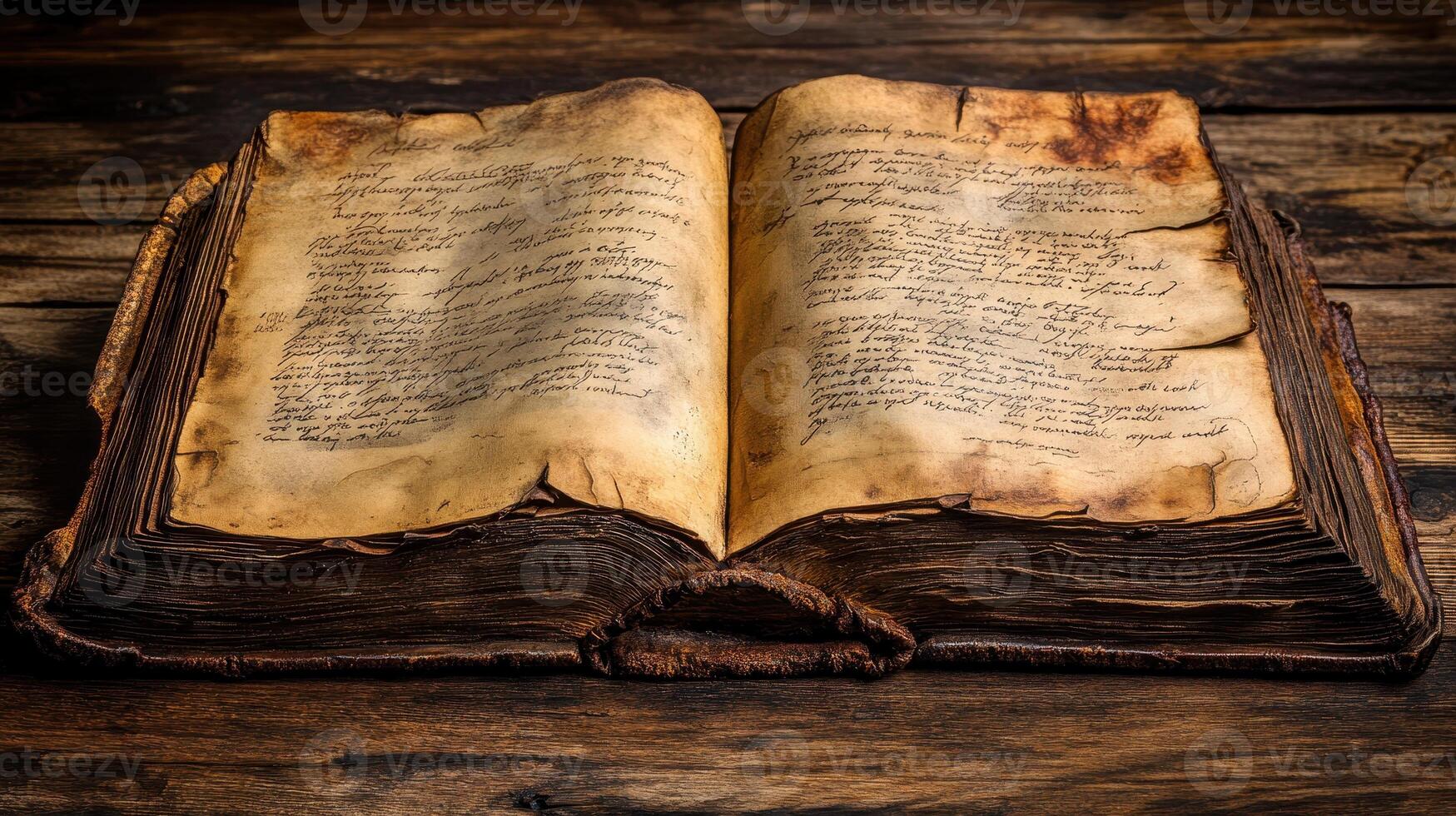 Ancient book open on wooden table, historical text, knowledge, research photo