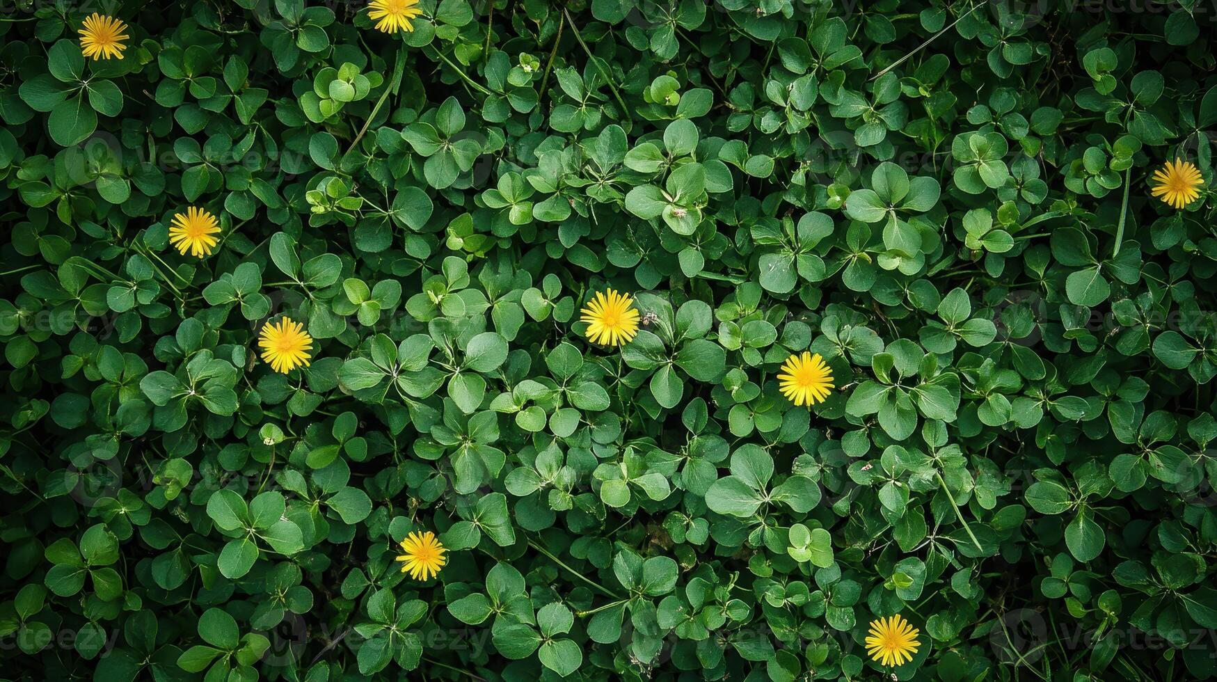 Yellow dandelions in green clover field, nature background, spring photo
