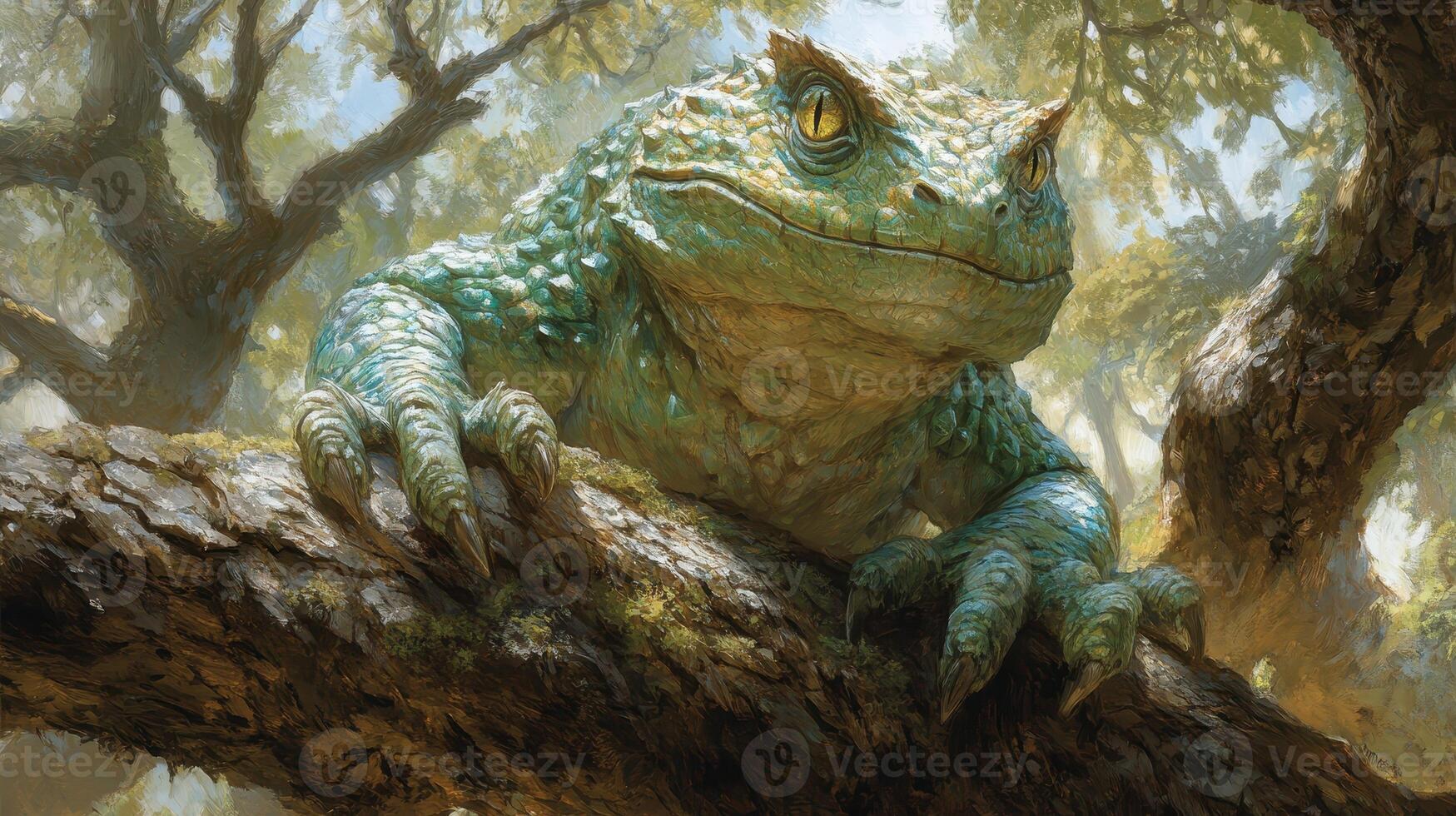 Large Fantasy Toad on Branch, Forest Background, Fairytale Illustration photo