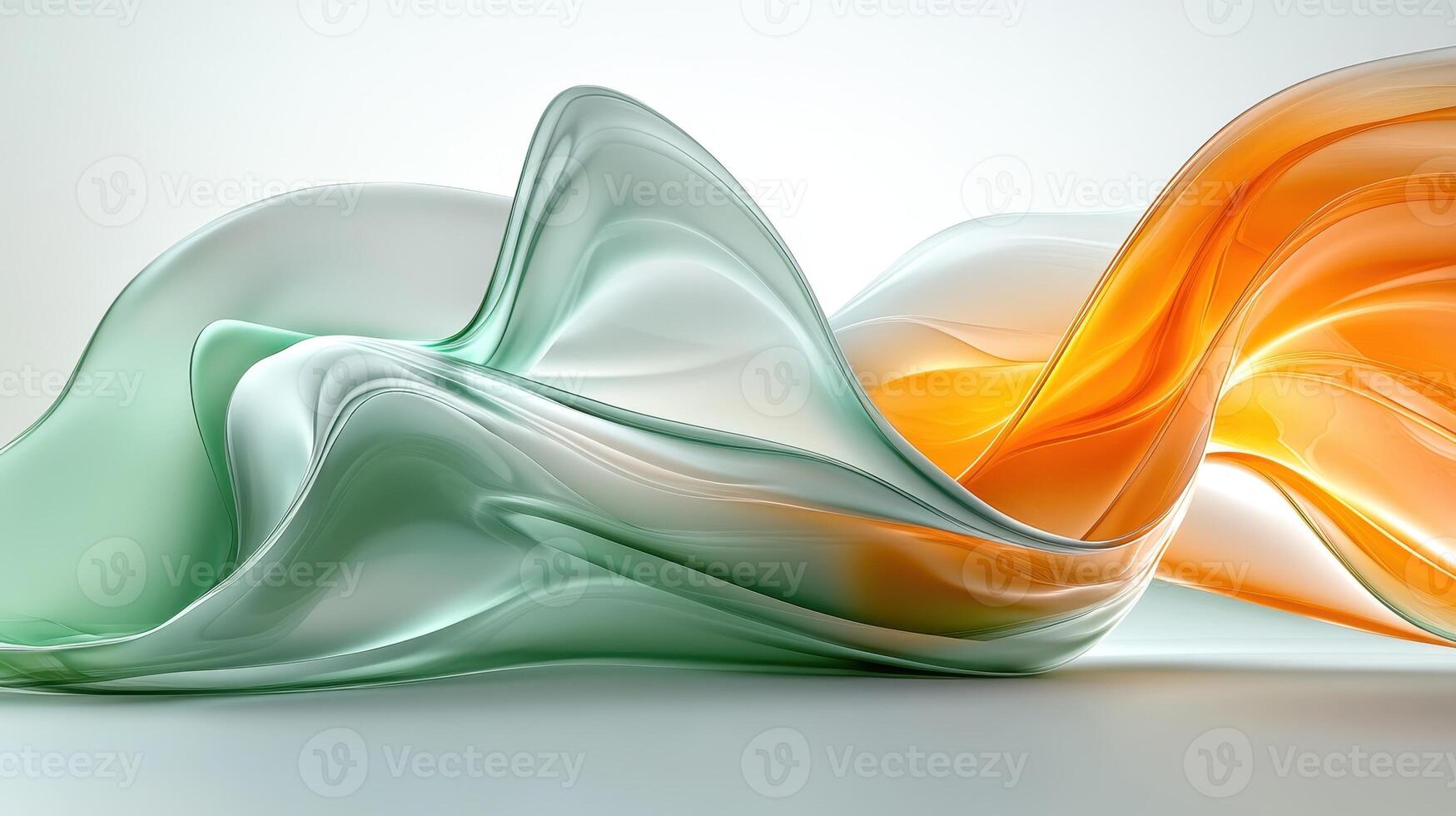 Abstract green and orange flowing fabric, wave motion, light background, design element photo