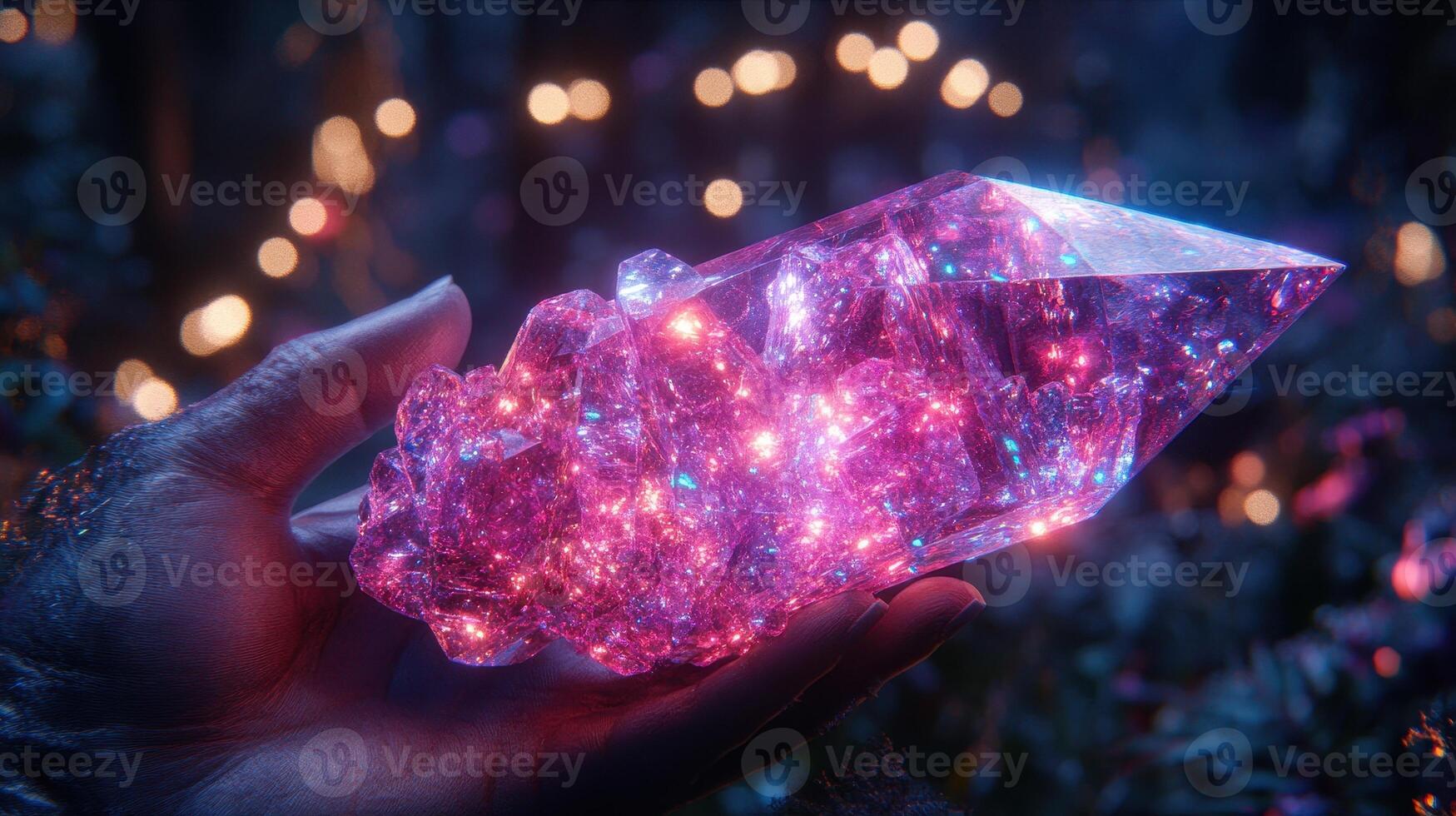 Glowing crystal held, mystical forest background, fantasy art photo