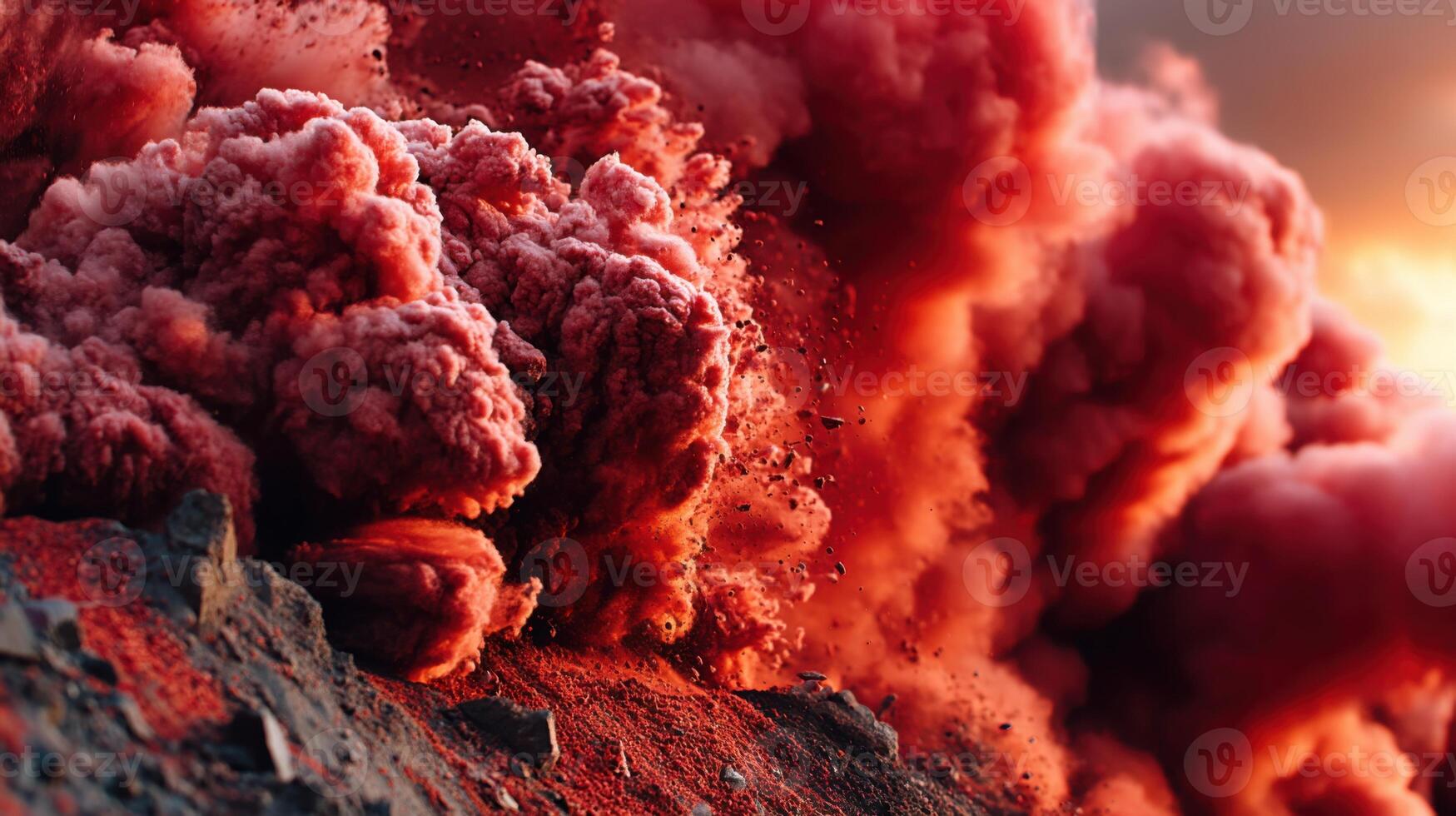 Volcano eruption with red lava smoke and rock fragments against sky photo