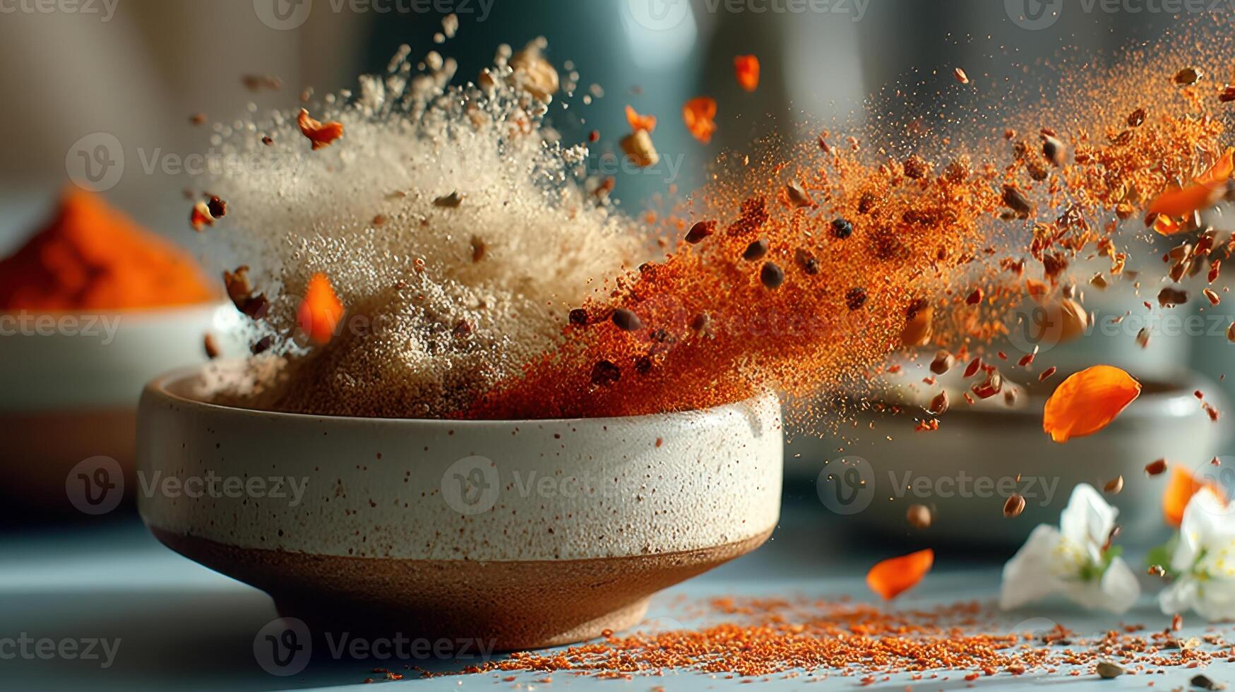 Vibrant spices explode from a ceramic bowl creating dynamic food photography photo
