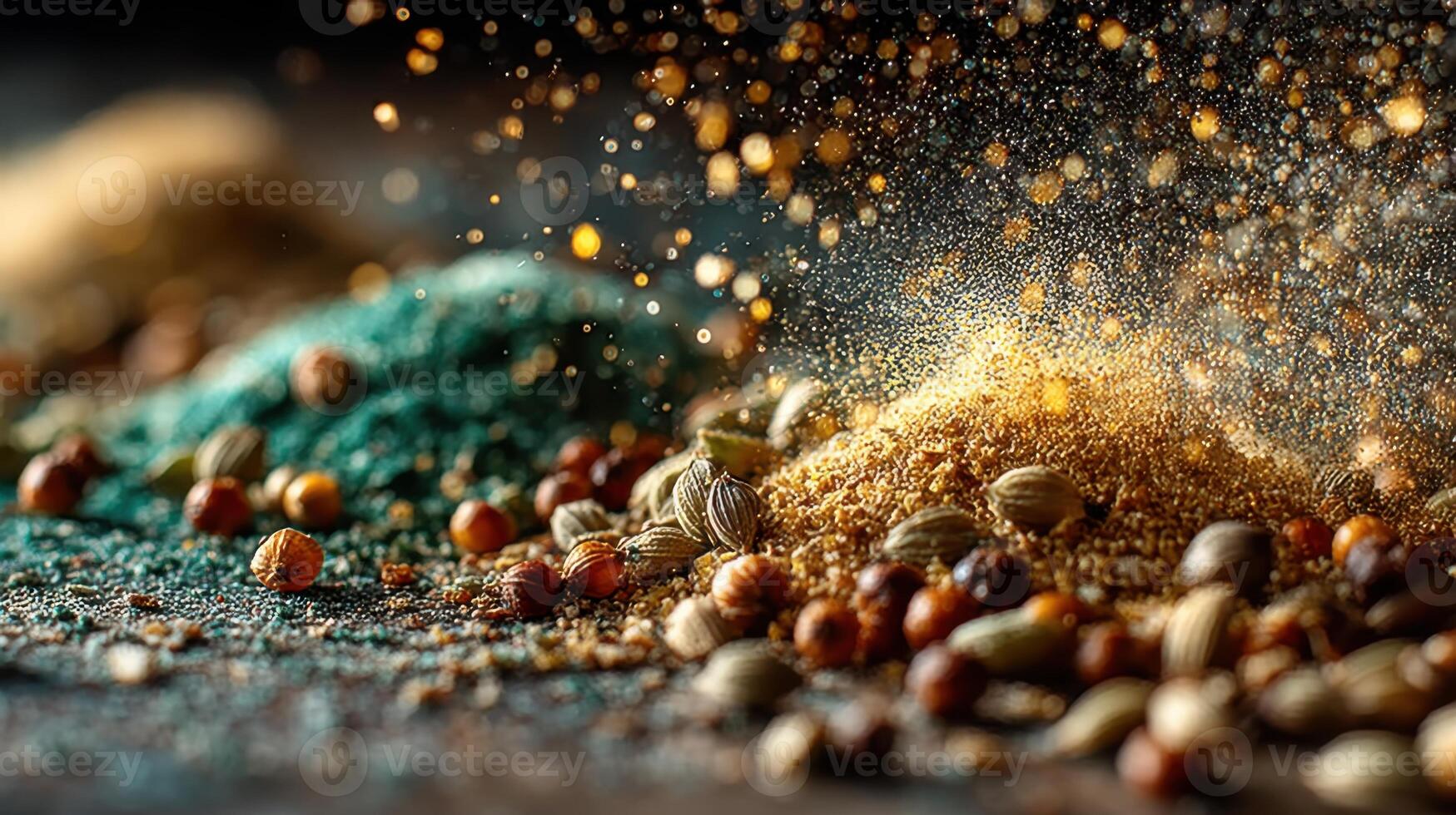 Vibrant spices create an aromatic explosion with golden particles flying around photo