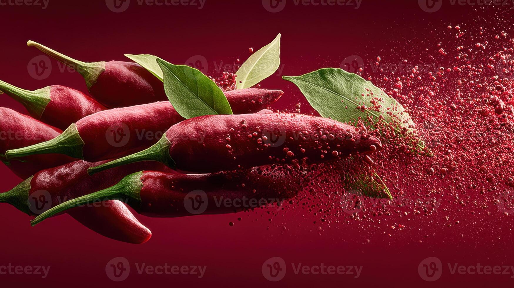 Vibrant red chili peppers with green leaves and chili powder explosion photo