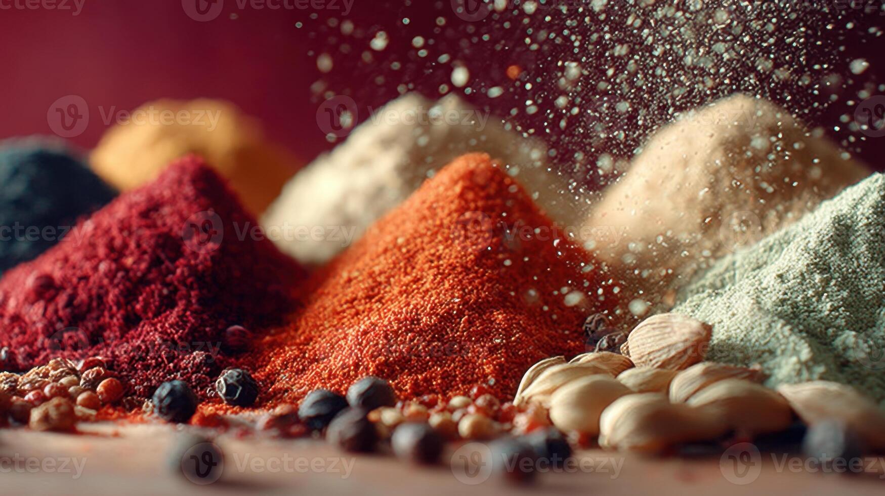 Vibrant piles of colorful spices and nuts creating a culinary delight photo