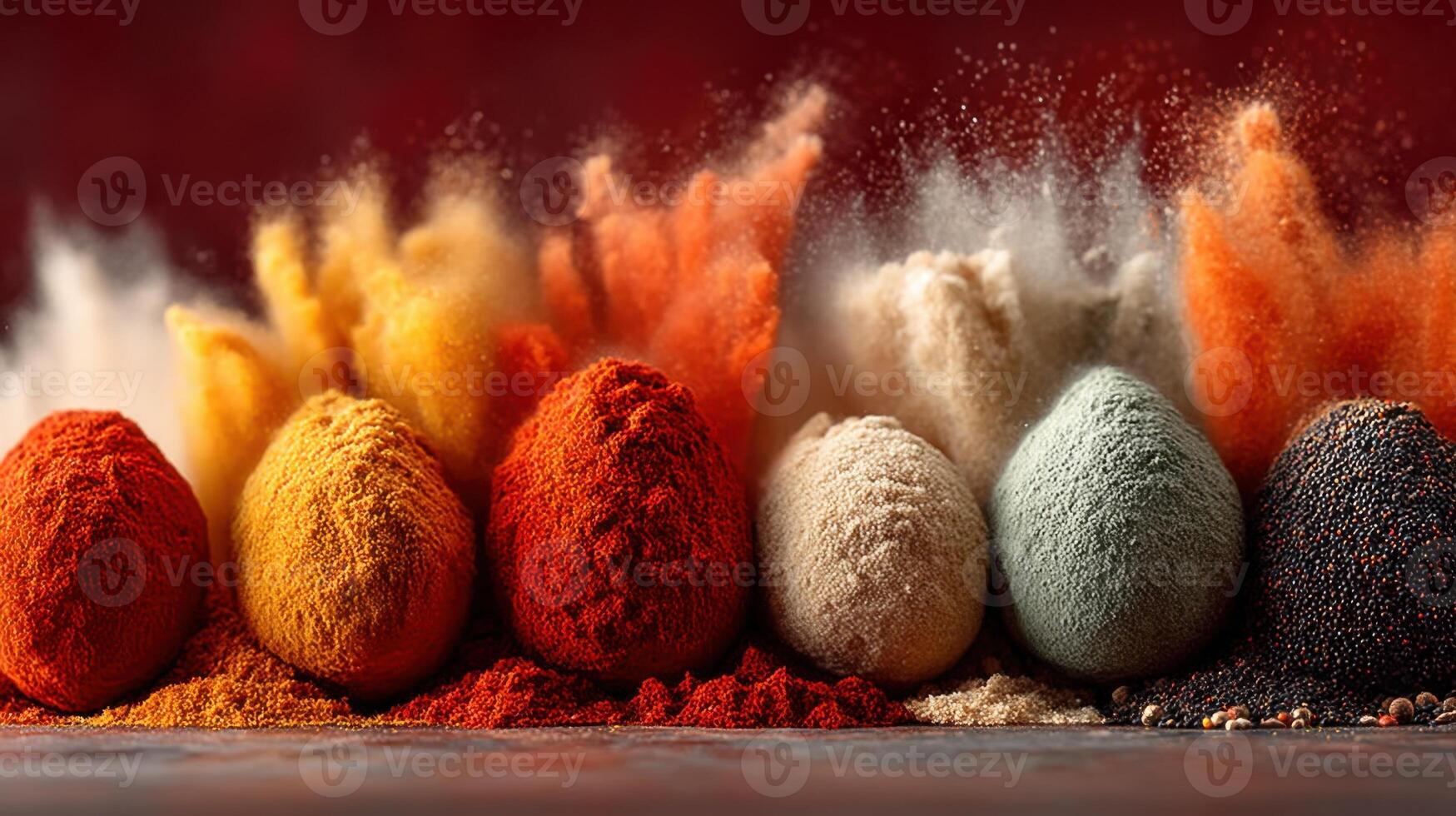 Vibrant explosion of colorful spices and powders for culinary delights photo