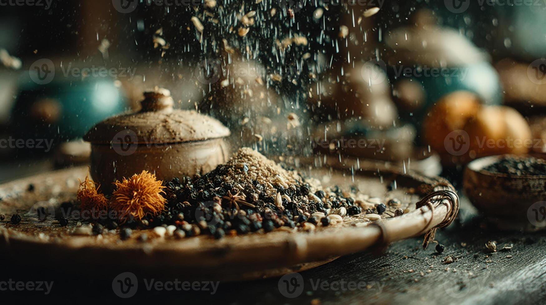 Spices Still Life with Herbs and Seeds in a Rustic Kitchen Setting photo